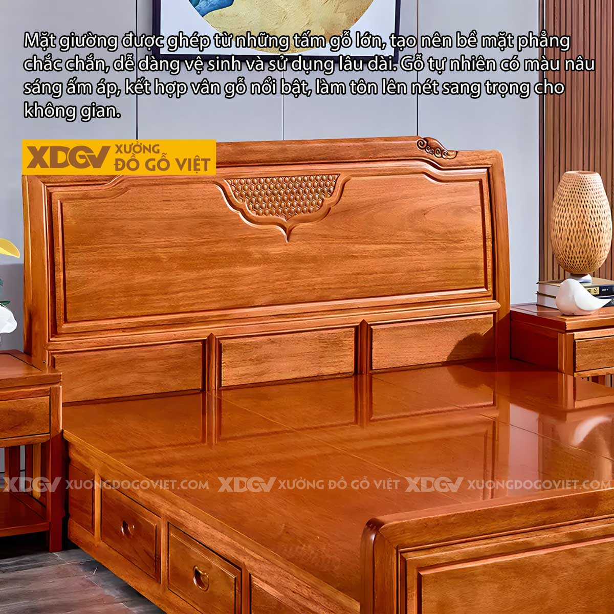 Giường Ngủ Gỗ Gõ Đỏ Cao Cấp Hiện Đại Sang Trọng Có Ngăn Kéo