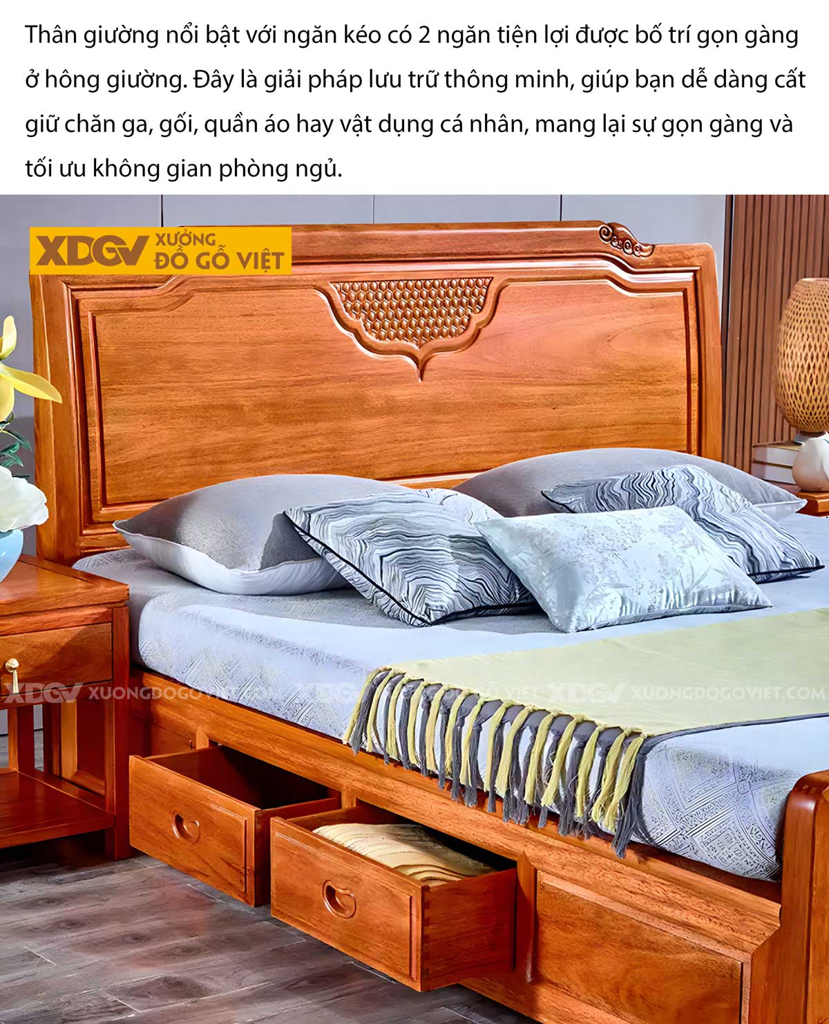 Giường Ngủ Gỗ Gõ Đỏ Cao Cấp Hiện Đại Sang Trọng Có Ngăn Kéo