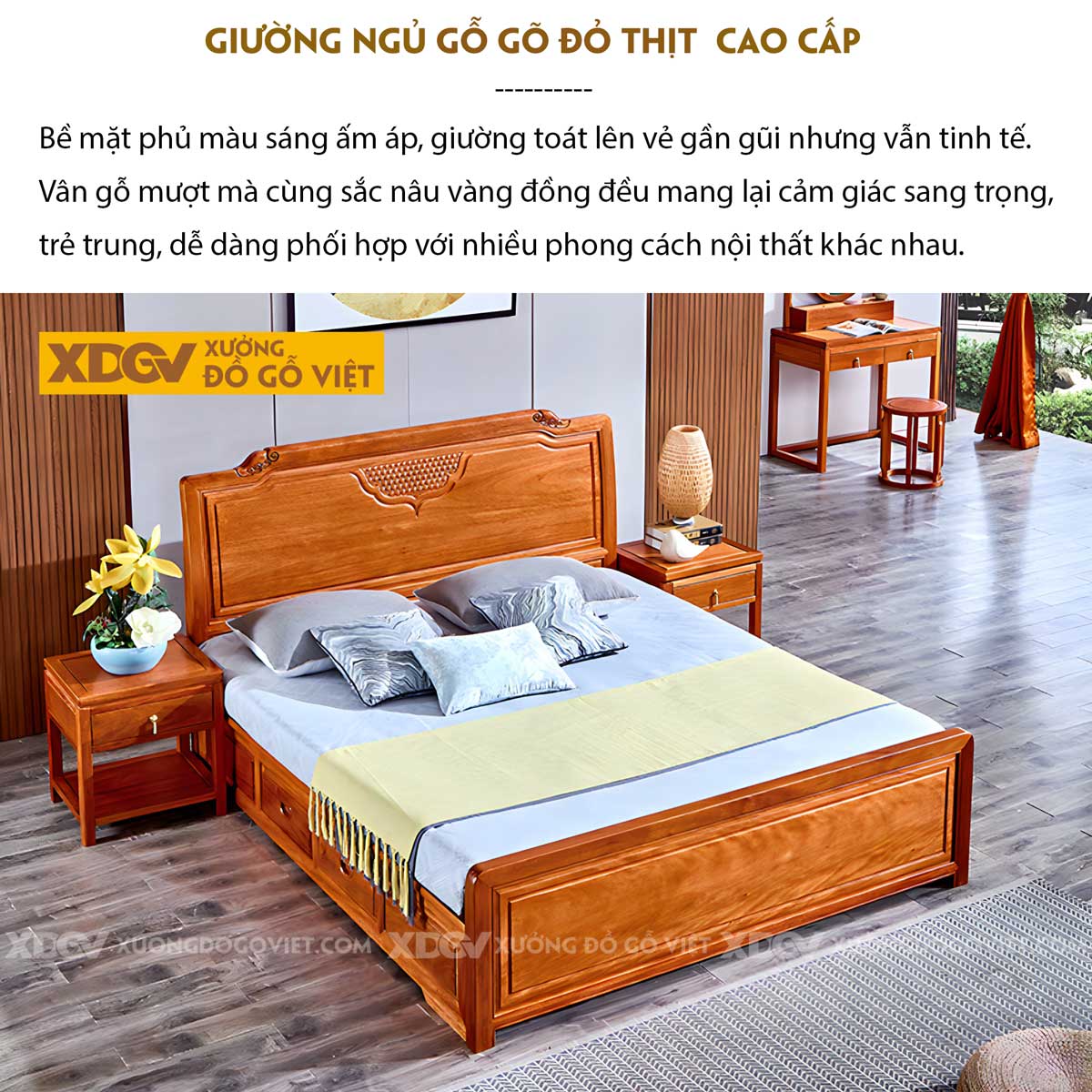 Giường Ngủ Gỗ Gõ Đỏ Cao Cấp Hiện Đại Sang Trọng Có Ngăn Kéo