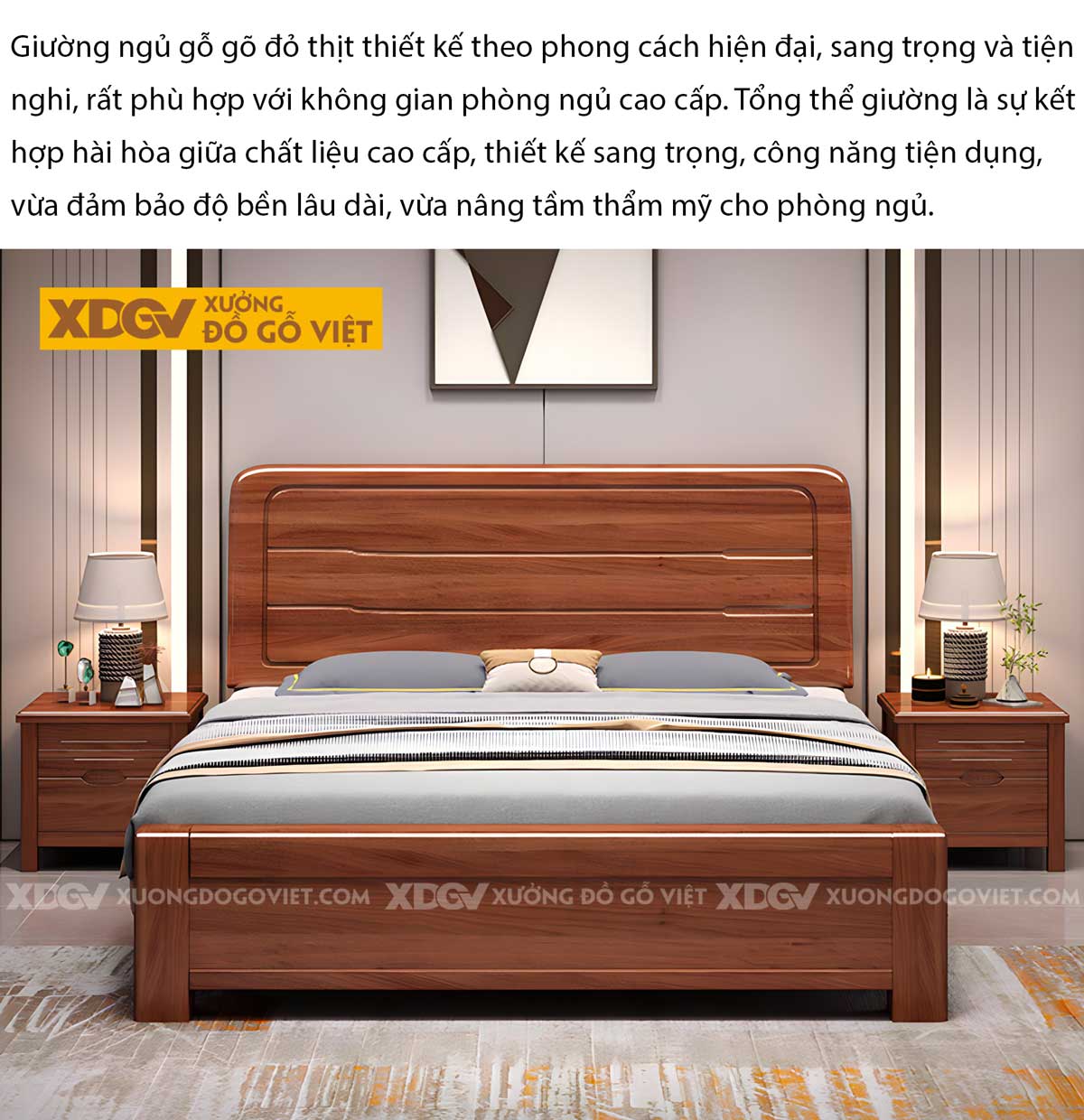 Giường Ngủ Gỗ Gõ Đỏ Hiện Đại Đầu Bo Tròn Kẻ Rãnh Chìm Đẹp