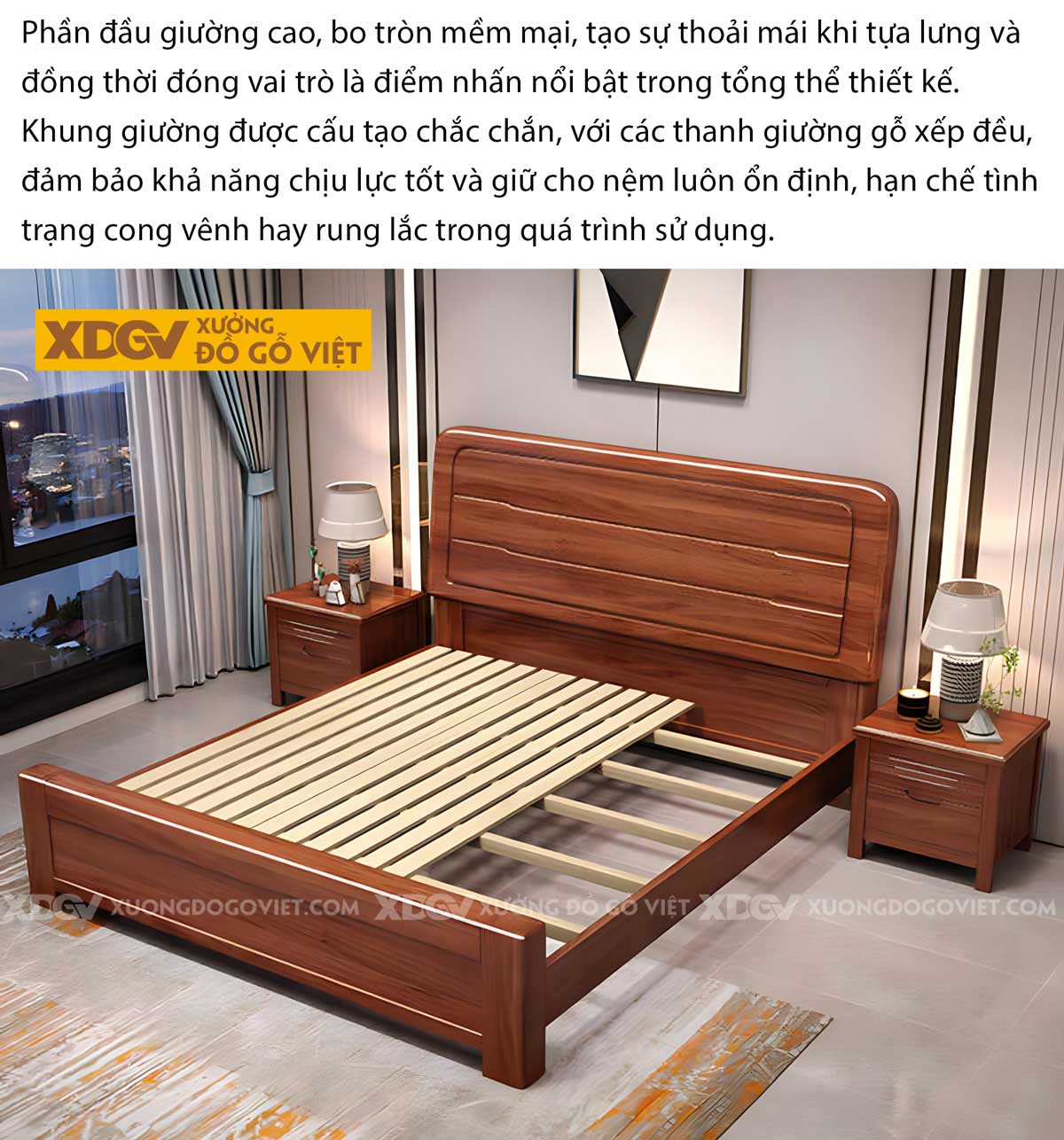 Giường Ngủ Gỗ Gõ Đỏ Hiện Đại Đầu Bo Tròn Kẻ Rãnh Chìm Đẹp