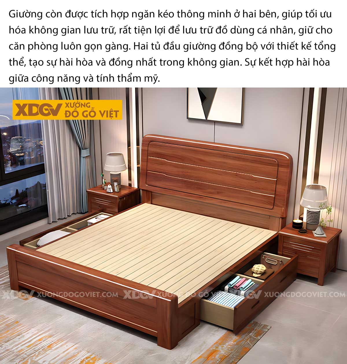 Giường Ngủ Gỗ Gõ Đỏ Hiện Đại Đầu Bo Tròn Kẻ Rãnh Chìm Đẹp