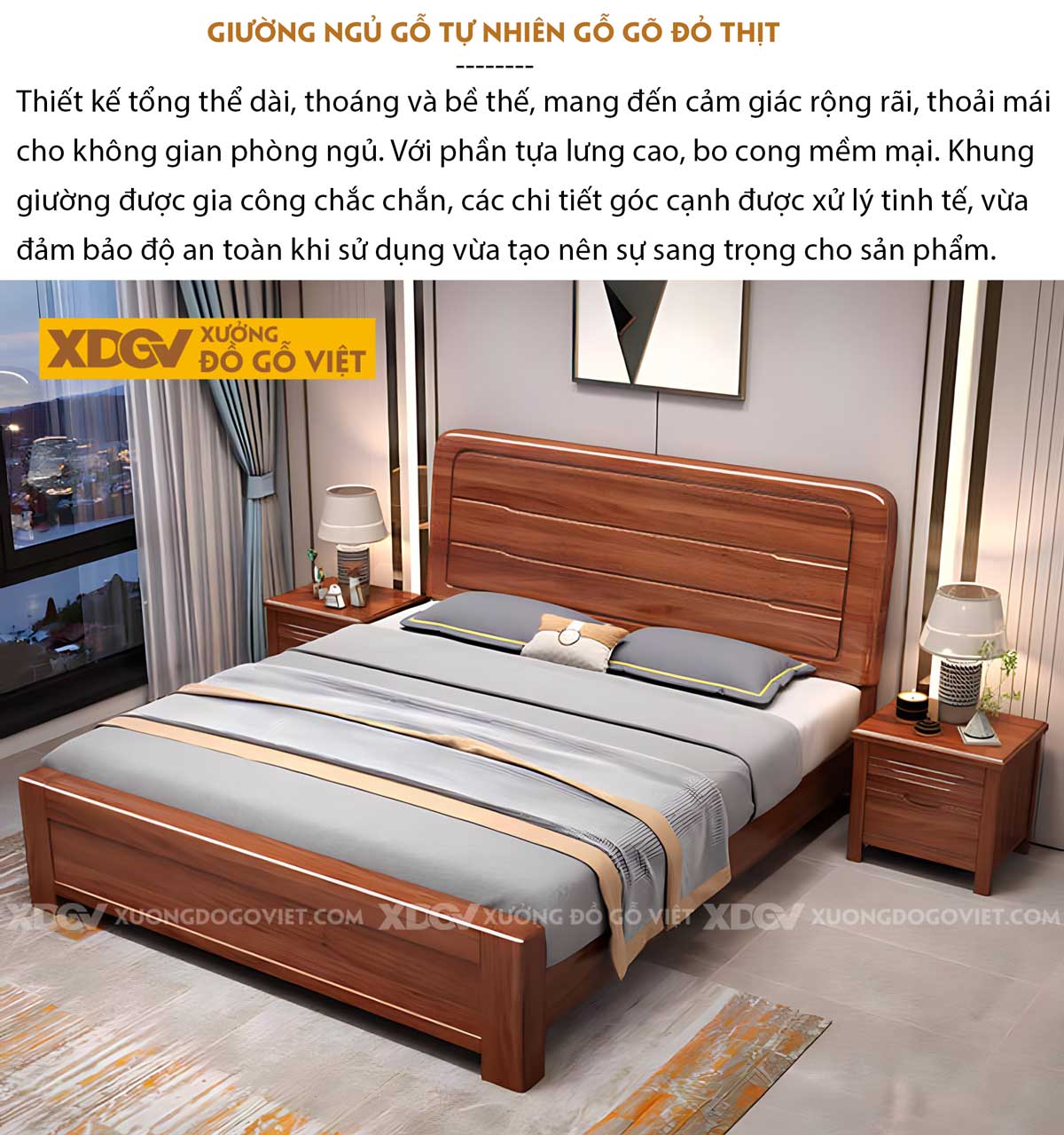 Giường Ngủ Gỗ Gõ Đỏ Hiện Đại Đầu Bo Tròn Kẻ Rãnh Chìm Đẹp