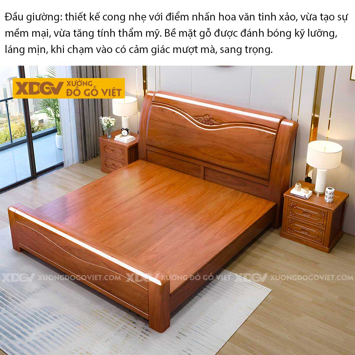 Giường Ngủ Gỗ Gõ Đỏ Kẻ Chỉ Lượn Sóng Chạm Khắc Hoa Lá Tây