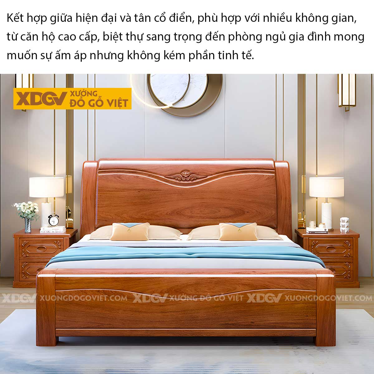 Giường Ngủ Gỗ Gõ Đỏ Kẻ Chỉ Lượn Sóng Chạm Khắc Hoa Lá Tây