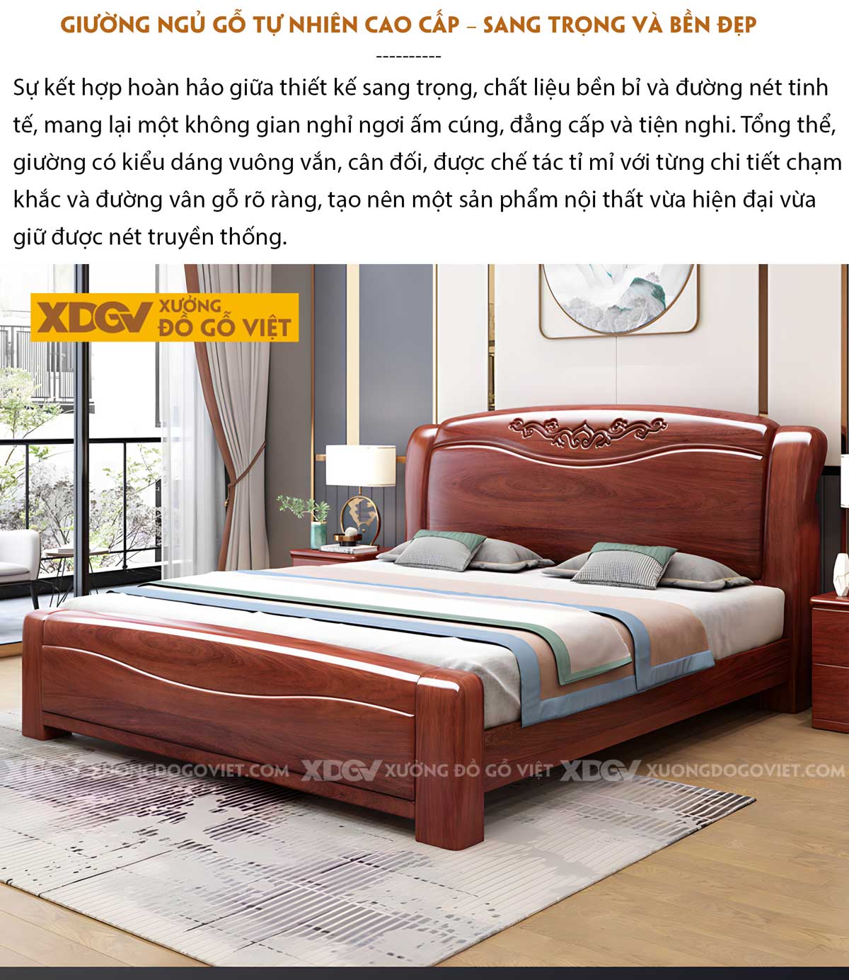 Giường Ngủ Gỗ Gõ Đỏ Kẻ Chỉ Lượn Sóng Chạm Khắc Hoa Lá Tây