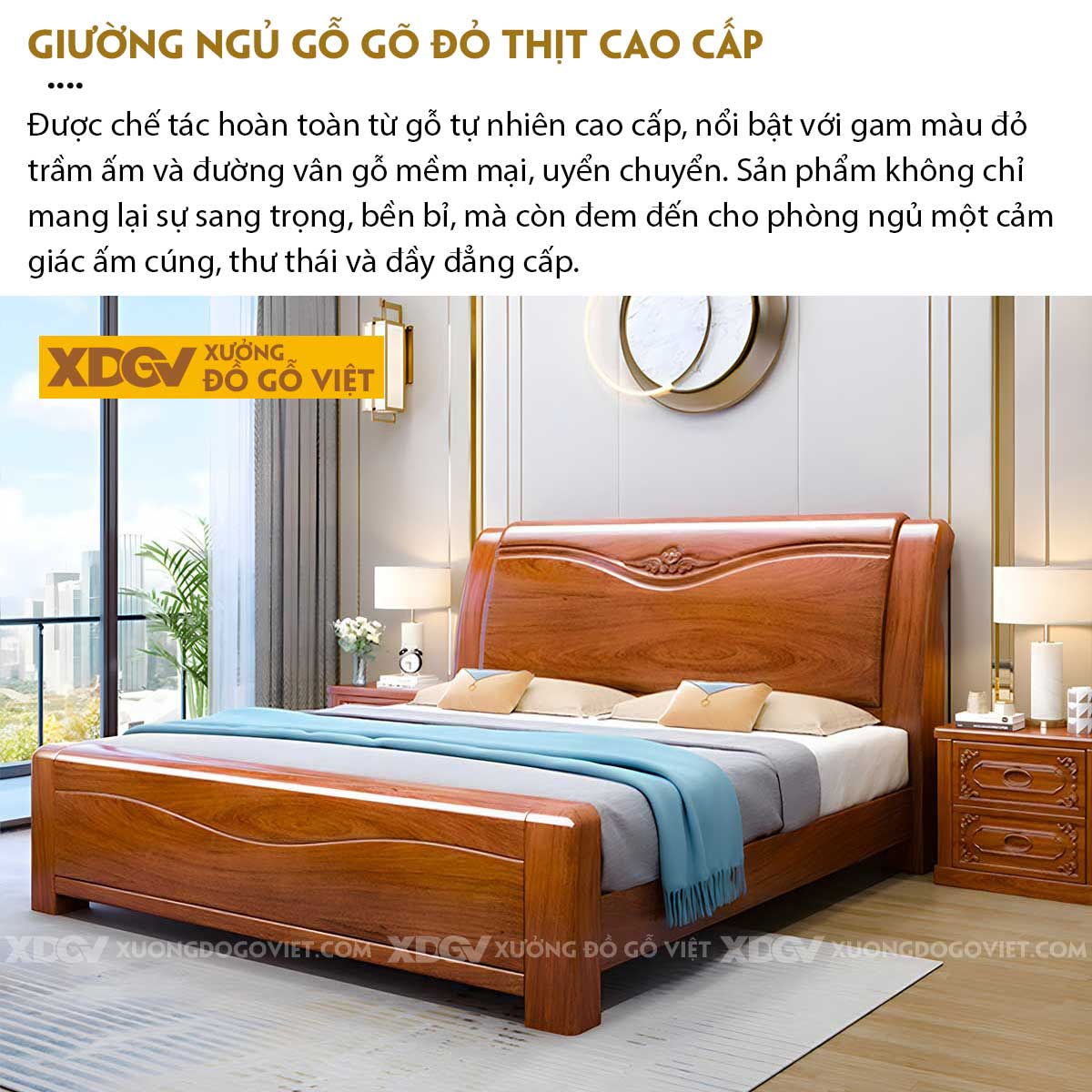 Giường Ngủ Gỗ Gõ Đỏ Kẻ Chỉ Lượn Sóng Chạm Khắc Hoa Lá Tây