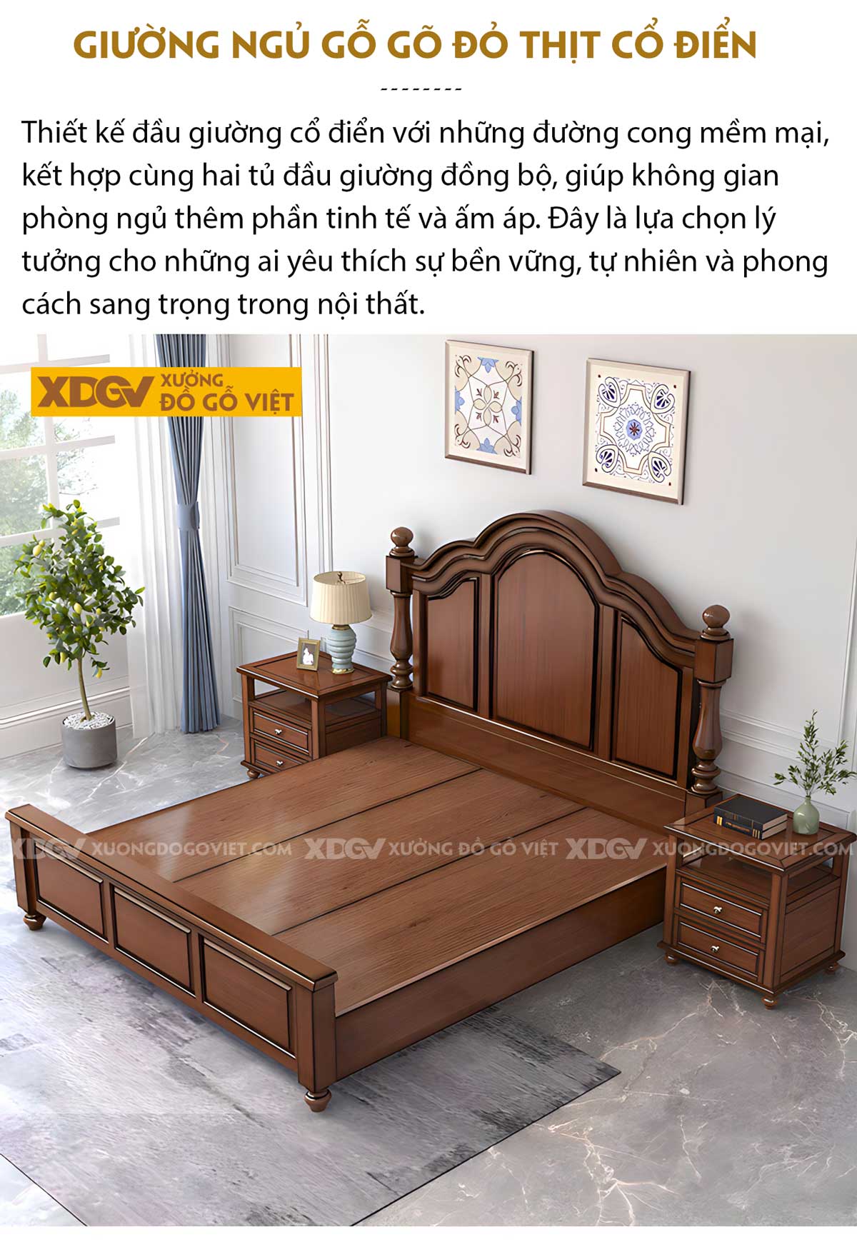 Giường Ngủ Gỗ Gõ Đỏ Tân Cổ Điển Đầu Vòm Cong Pano Đối Xứng