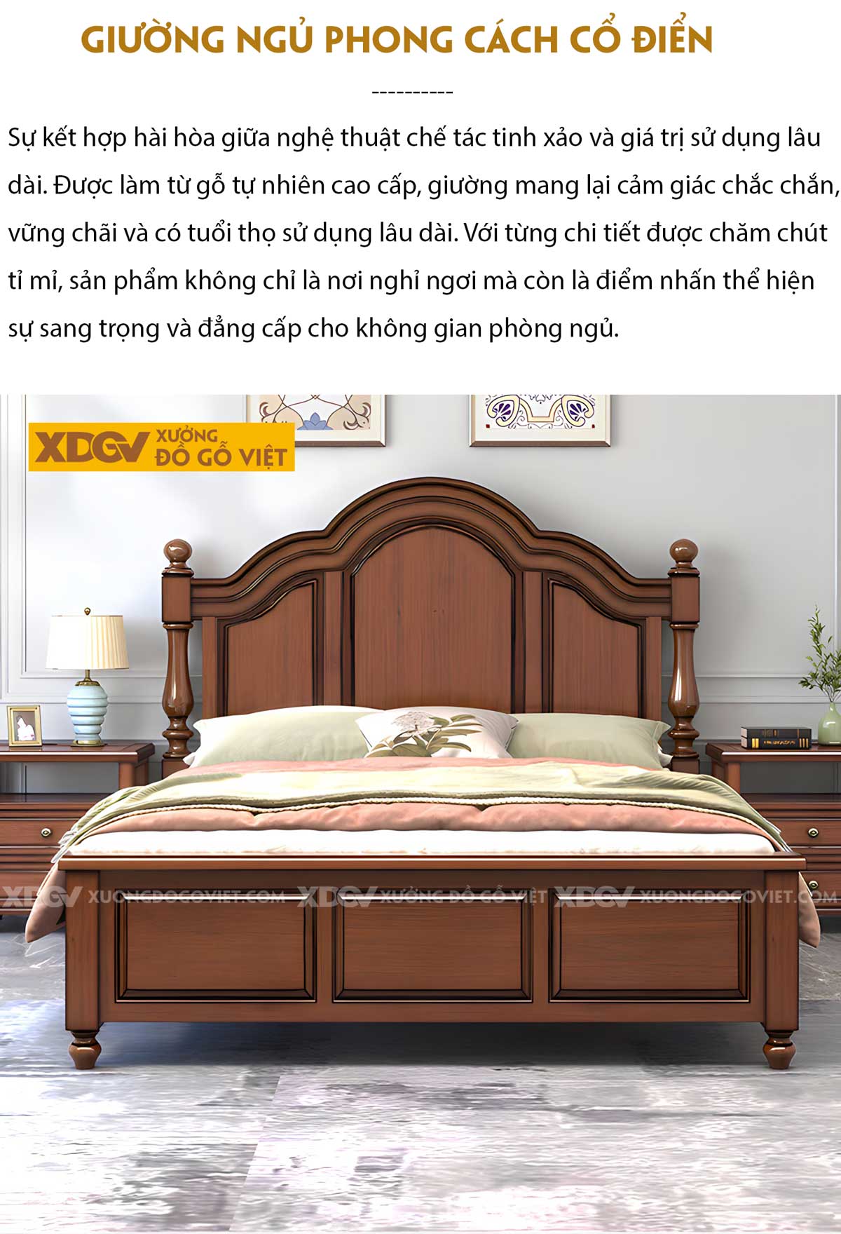 Giường Ngủ Gỗ Gõ Đỏ Tân Cổ Điển Đầu Vòm Cong Pano Đối Xứng