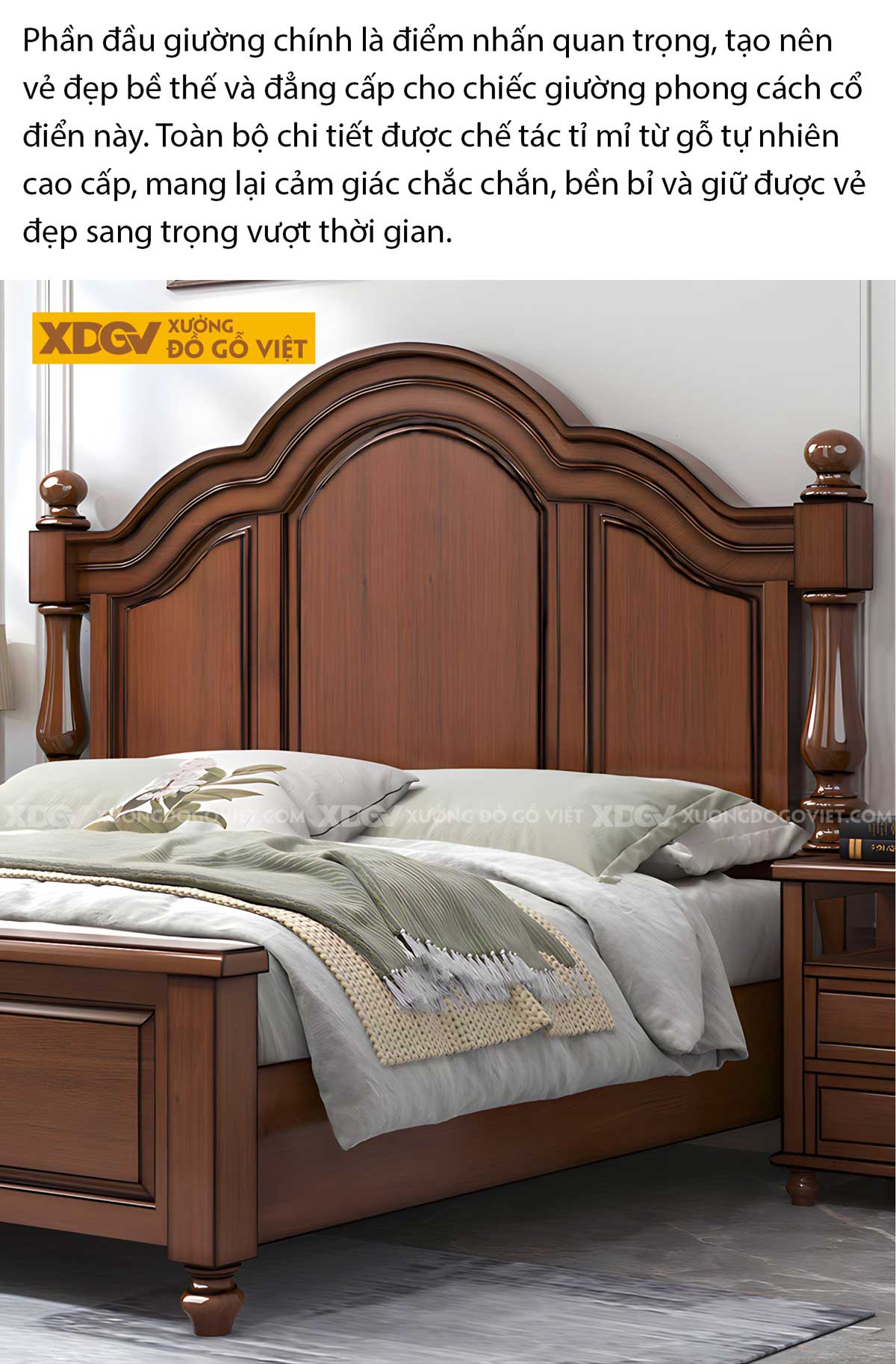 Giường Ngủ Gỗ Gõ Đỏ Tân Cổ Điển Đầu Vòm Cong Pano Đối Xứng