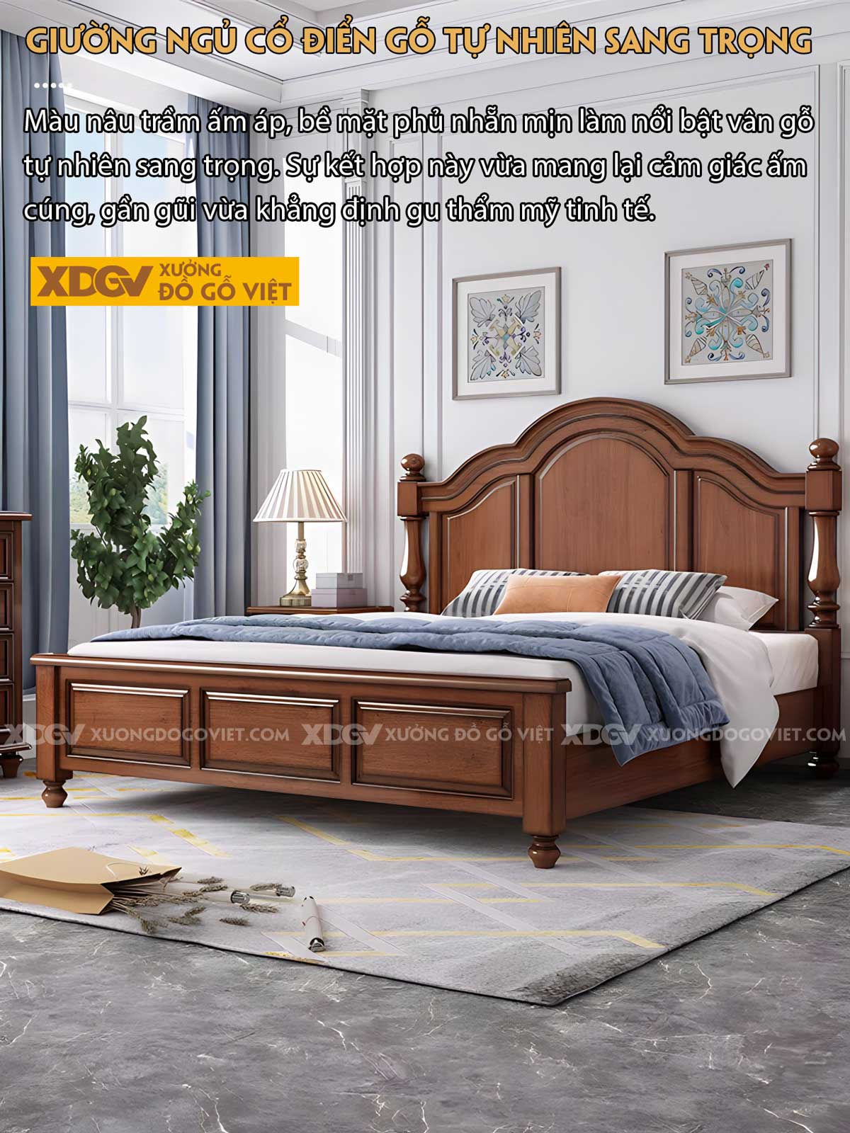 Giường Ngủ Gỗ Gõ Đỏ Tân Cổ Điển Đầu Vòm Cong Pano Đối Xứng