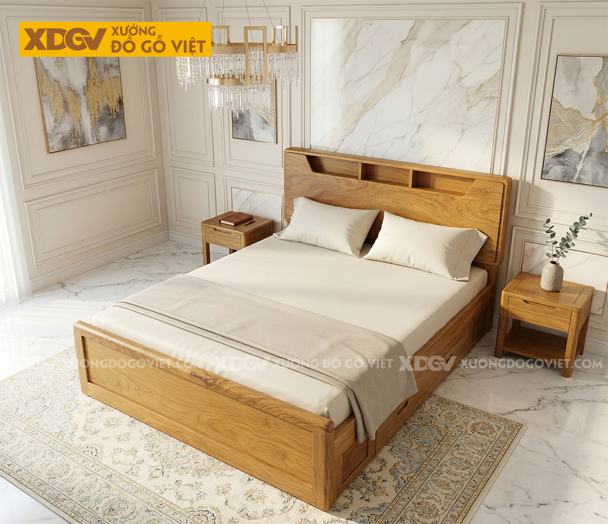 Giường Ngủ Gỗ Gõ Đỏ Tự Nhiên Sang Trọng Tinh Tế Tích Hợp Kệ