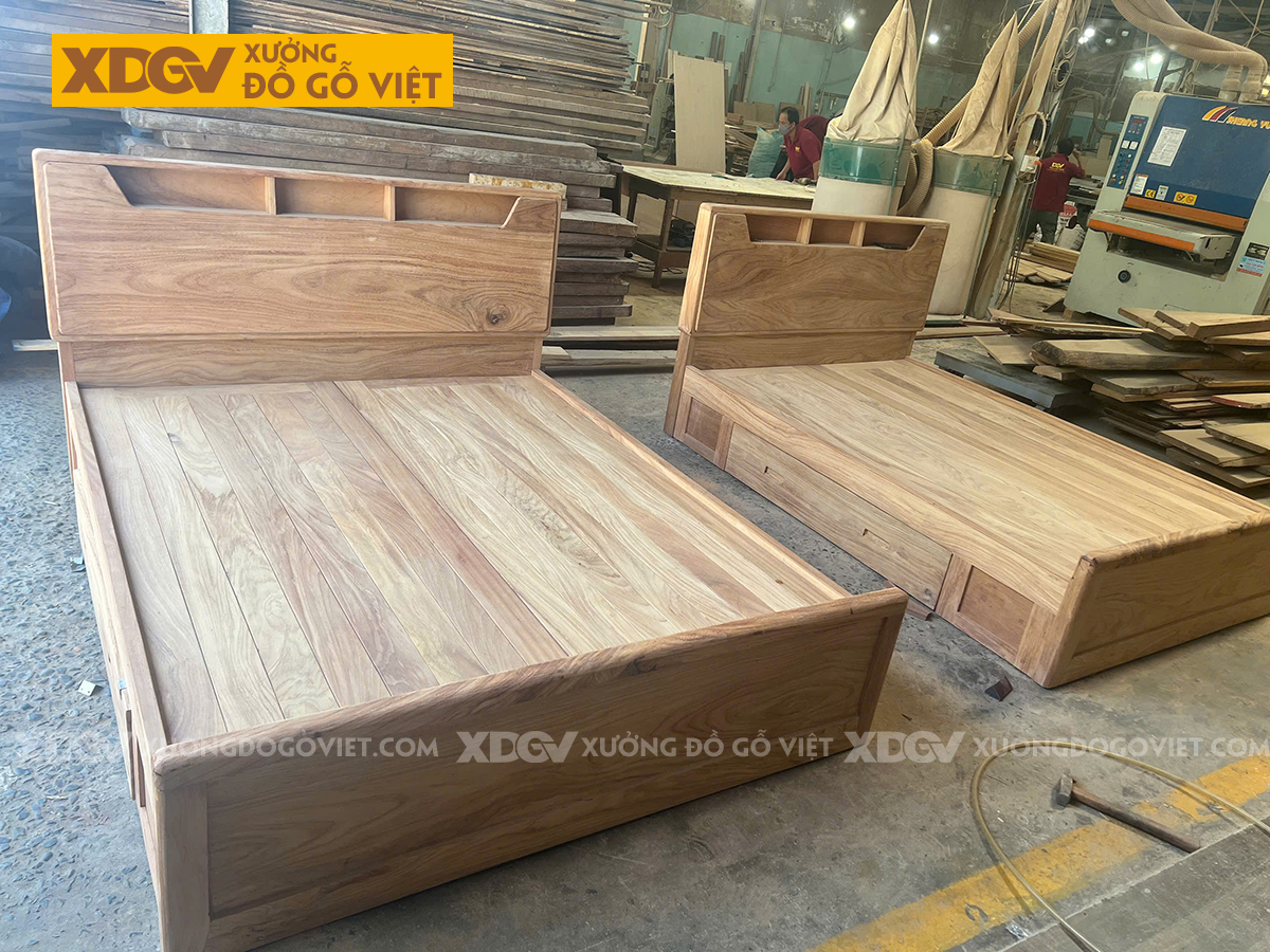 Giường Ngủ Gỗ Gõ Đỏ Tự Nhiên Sang Trọng Tinh Tế Tích Hợp Kệ