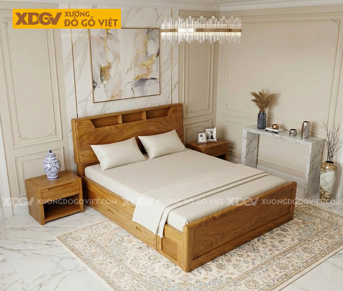 Giường Ngủ Gỗ Gõ Đỏ Tự Nhiên Sang Trọng Tinh Tế Tích Hợp Kệ