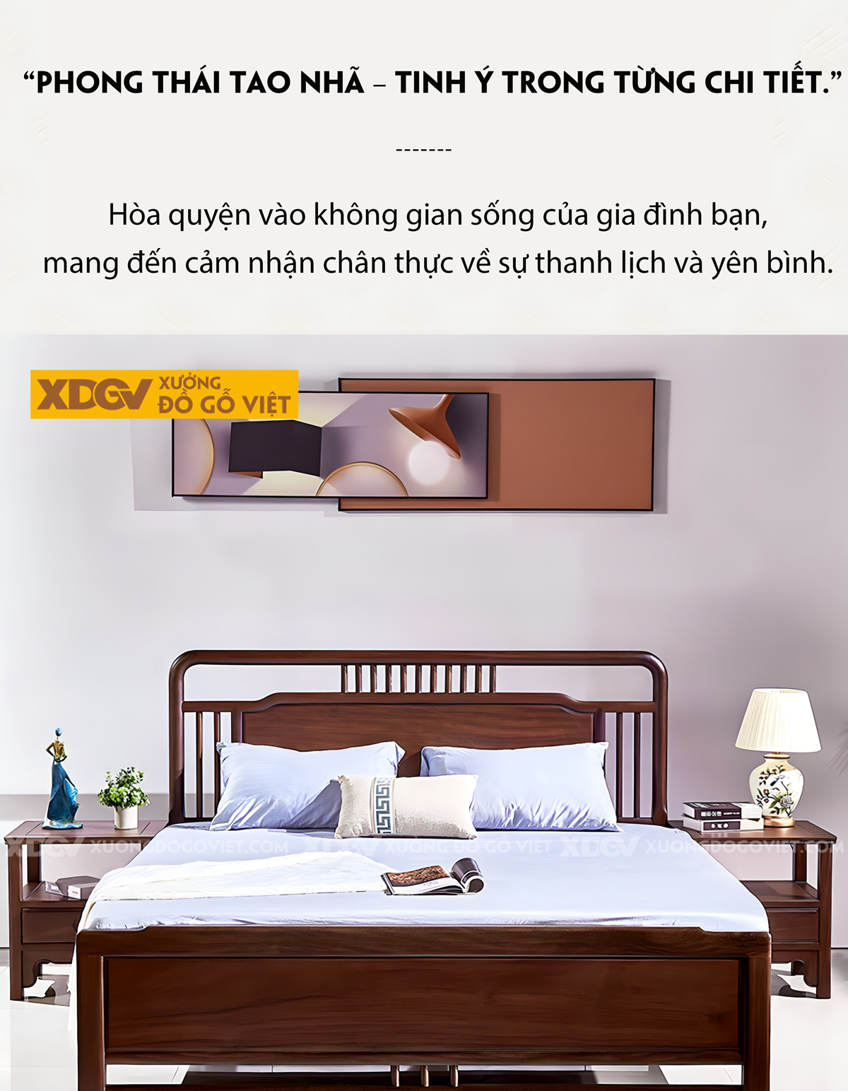 Giường Ngủ Gỗ Lim Hiện Đại Á Đông Đầu Khung Pano Viền Cong