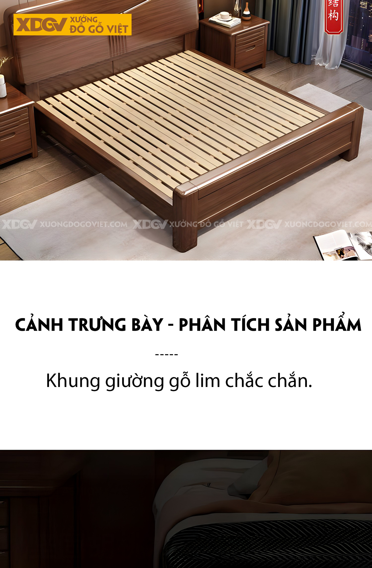Giường Ngủ Gỗ Lim Hiện Đại Đầu Kẻ Chỉ Chữ V Rãnh Dọc Giữa