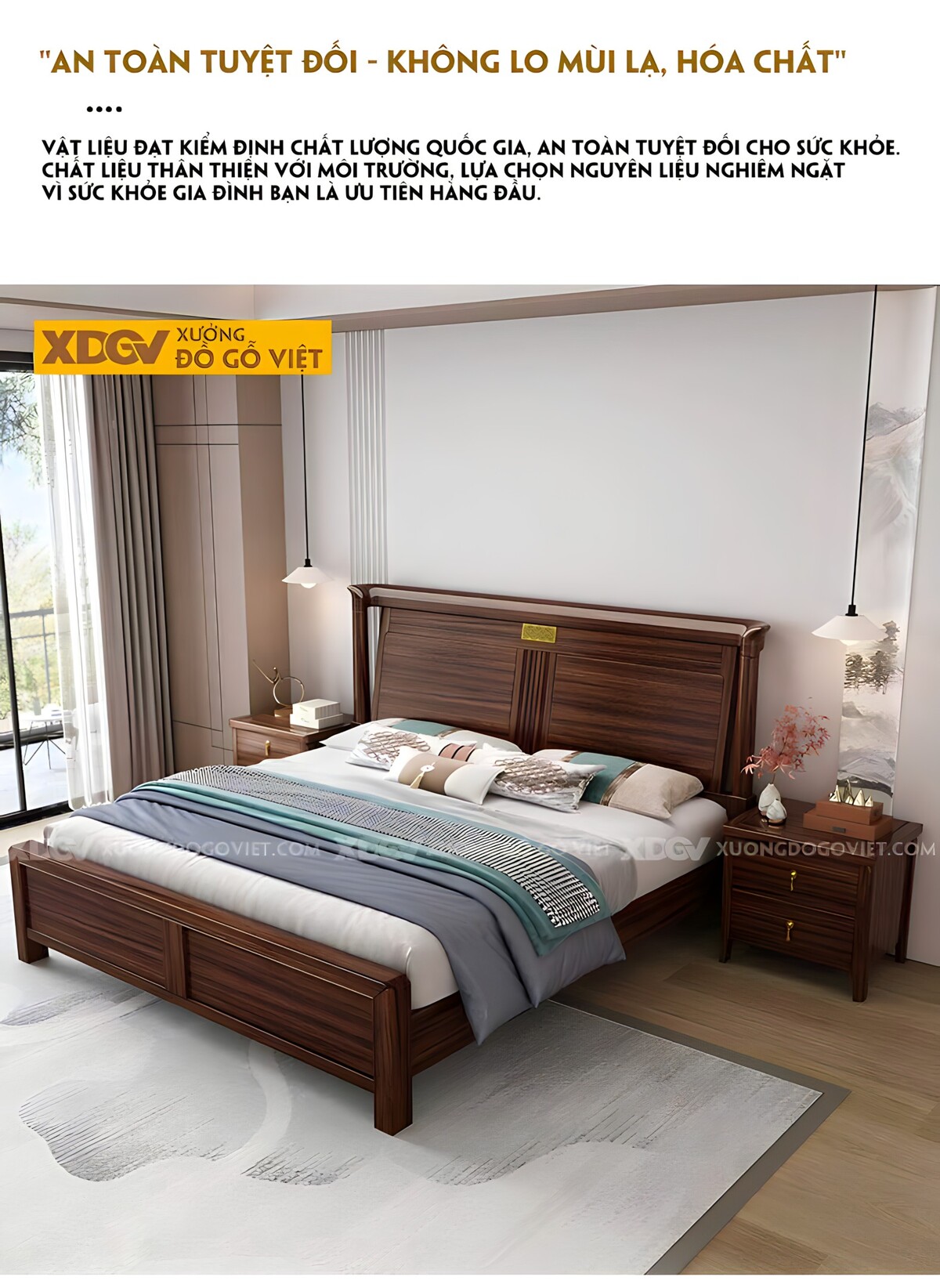 Giường Ngủ Gỗ Óc Chó Á Đông Đầu Thiết Kế Cổ Điển Vương Gia