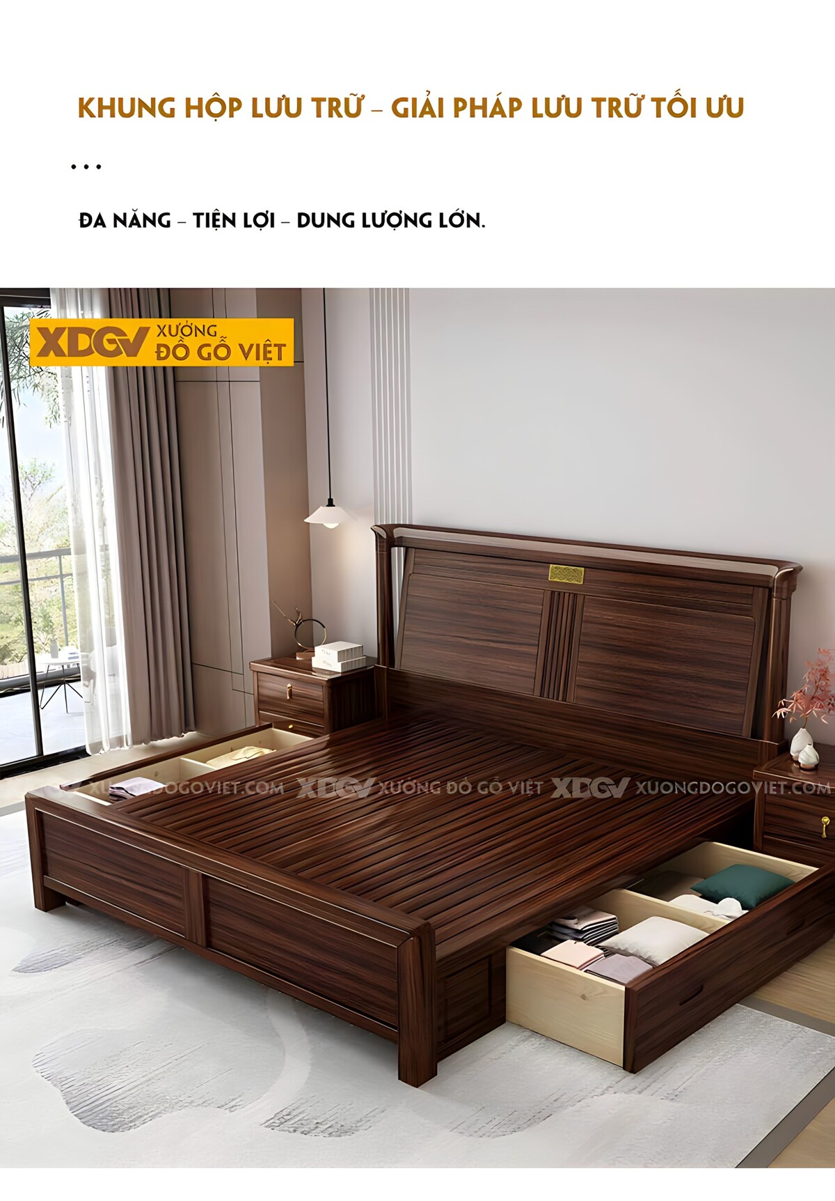 Giường Ngủ Gỗ Óc Chó Á Đông Đầu Thiết Kế Cổ Điển Vương Gia