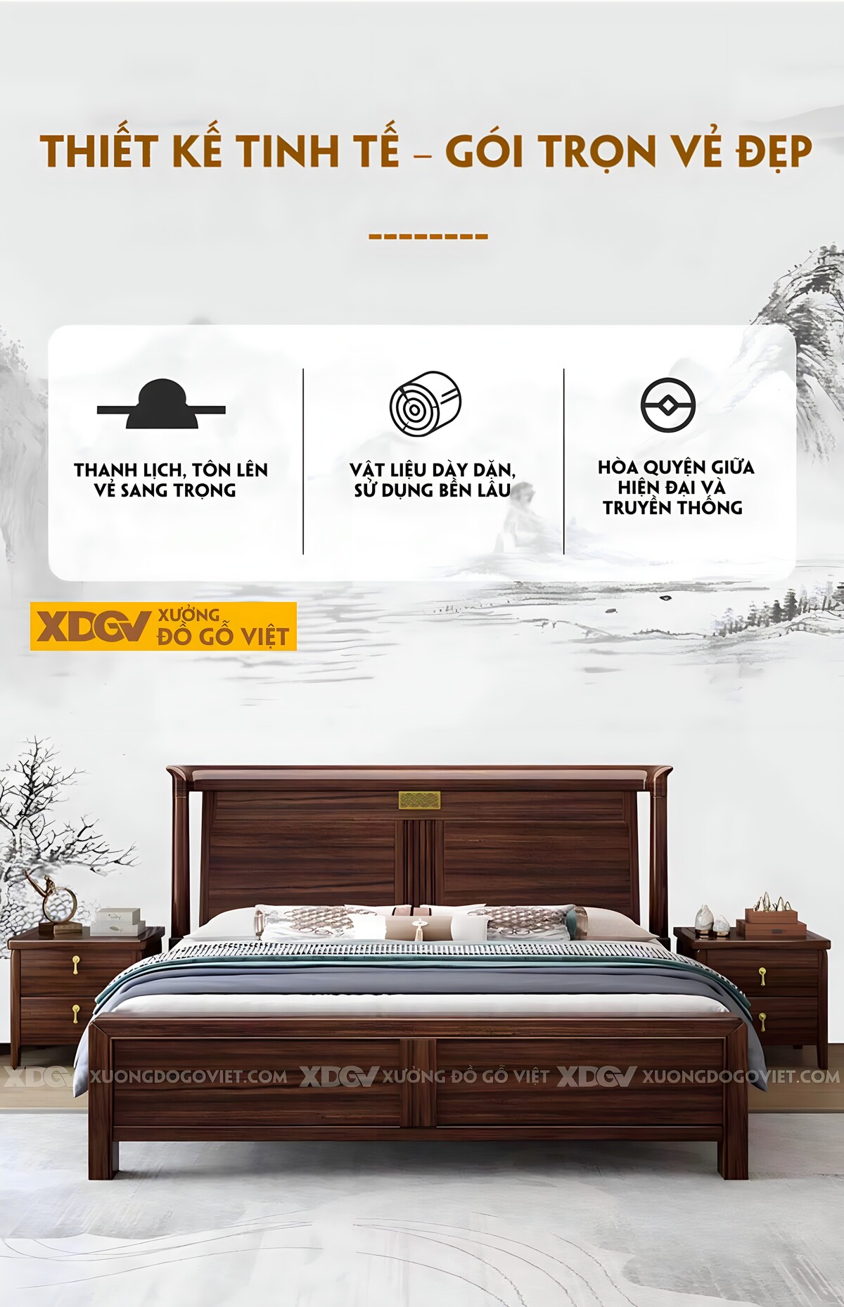 Giường Ngủ Gỗ Óc Chó Á Đông Đầu Thiết Kế Cổ Điển Vương Gia