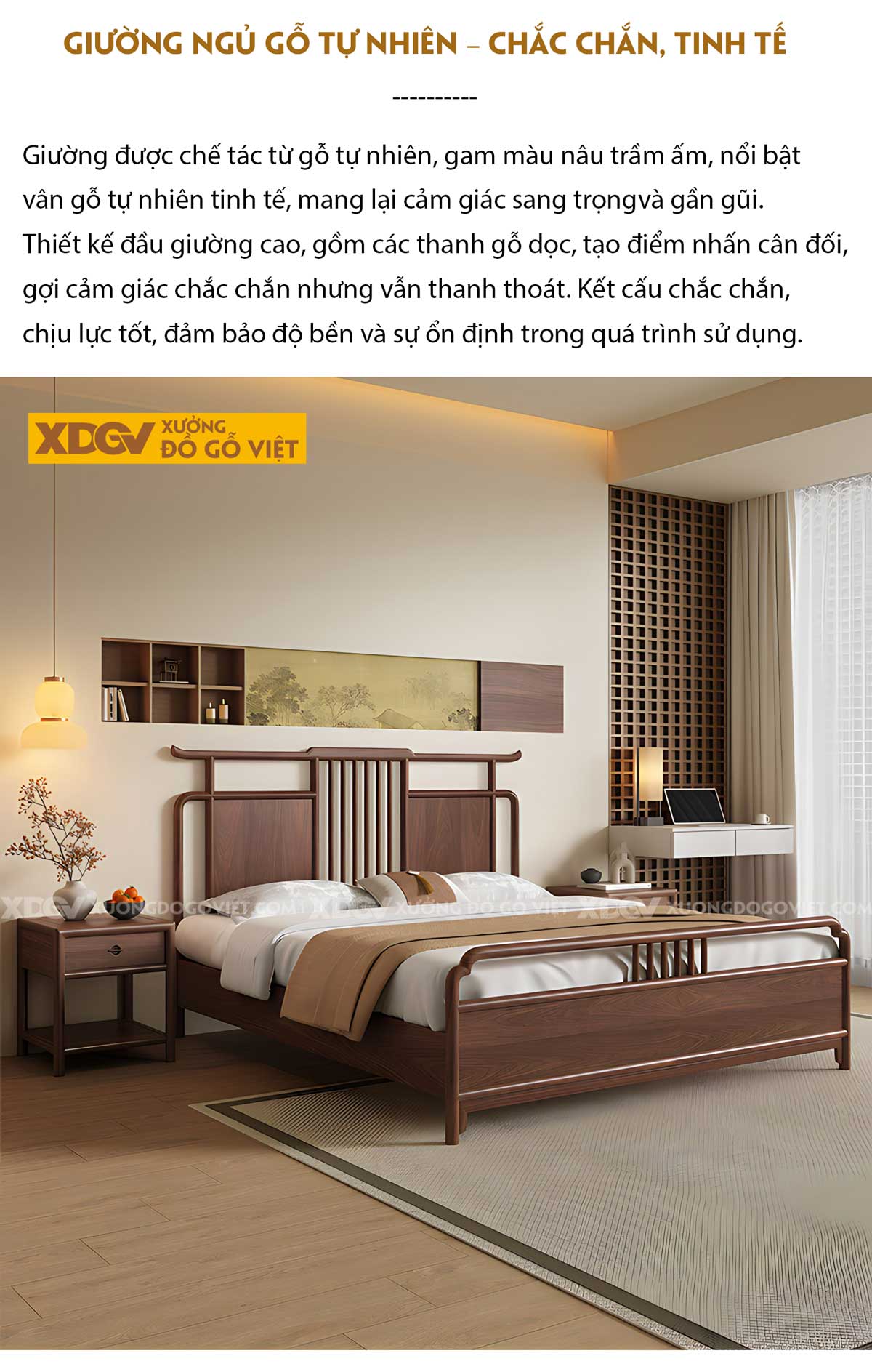 Giường Ngủ Gỗ Óc Chó Á Đông Tối Giản Đầu Dáng Cung Điện