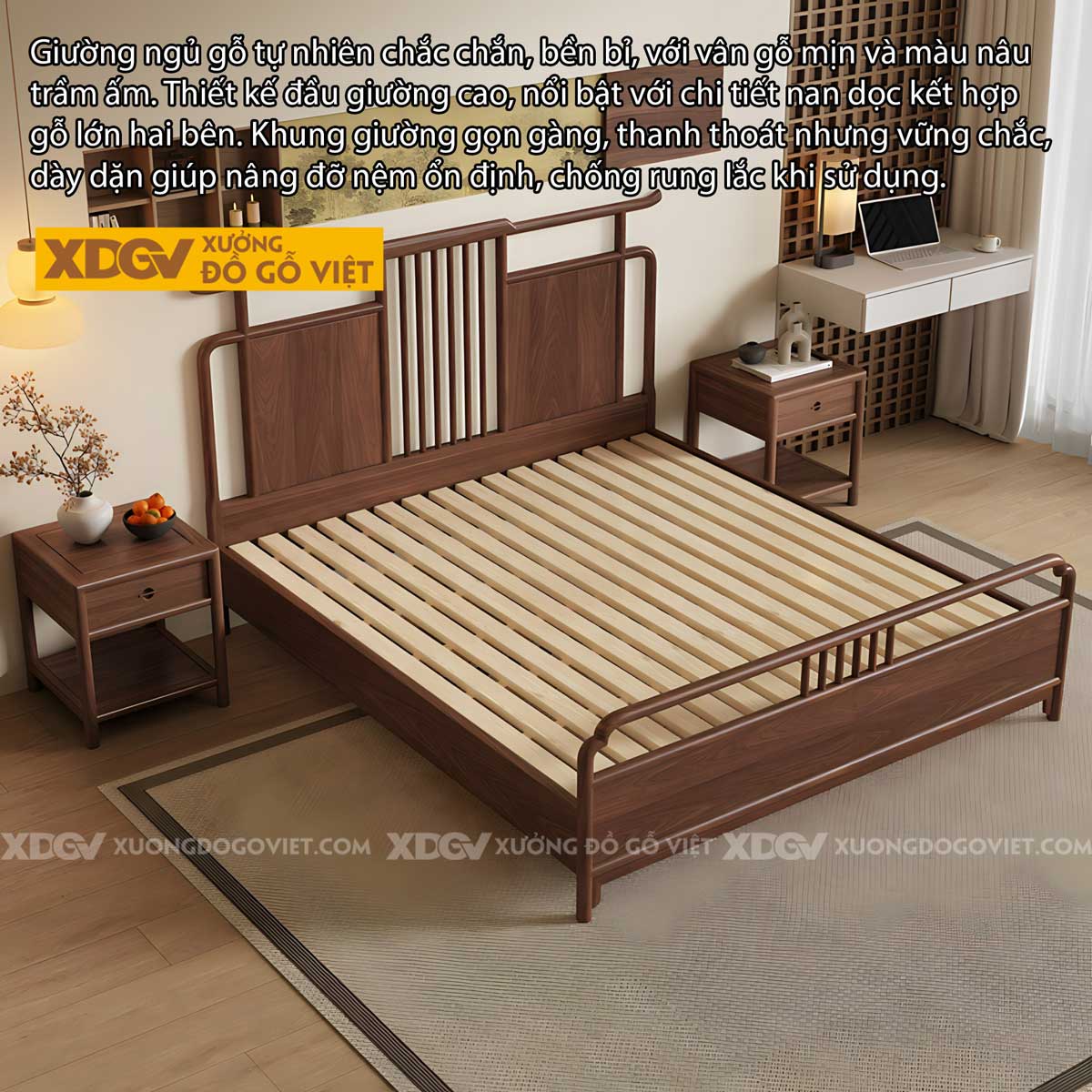 Giường Ngủ Gỗ Óc Chó Á Đông Tối Giản Đầu Dáng Cung Điện