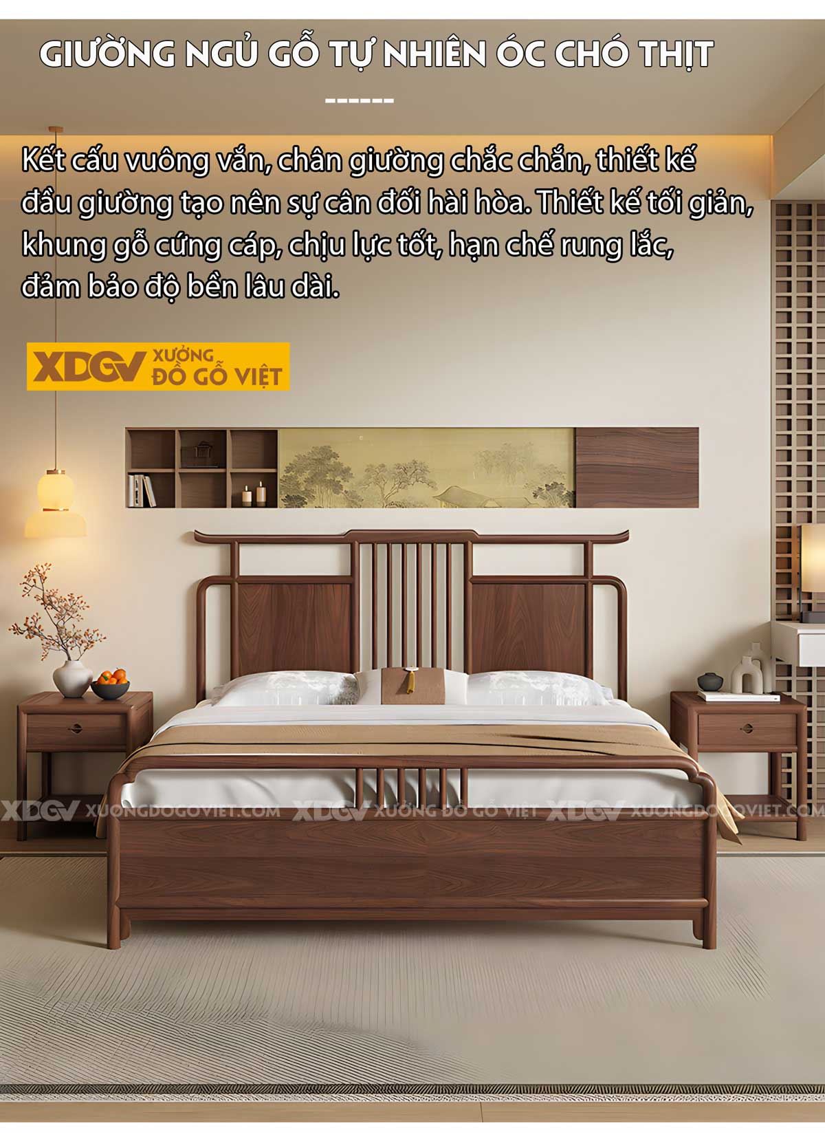 Giường Ngủ Gỗ Óc Chó Á Đông Tối Giản Đầu Dáng Cung Điện