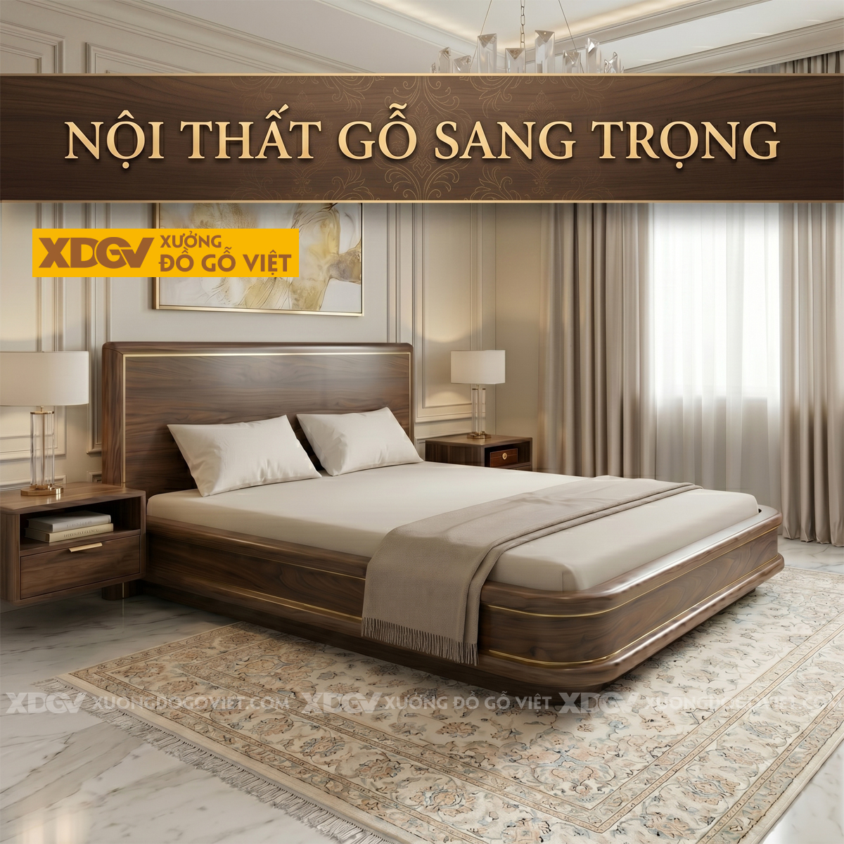 Giường Ngủ Gỗ Óc Chó Ẩn Chân Sang Trọng Cao Cấp Hiện Đại
