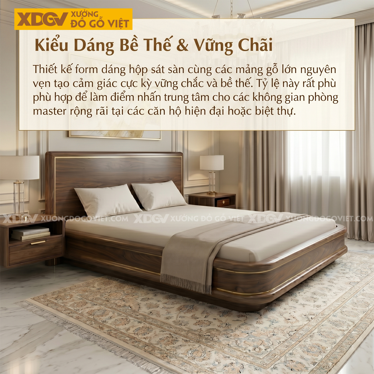Giường Ngủ Gỗ Óc Chó Ẩn Chân Sang Trọng Cao Cấp Hiện Đại