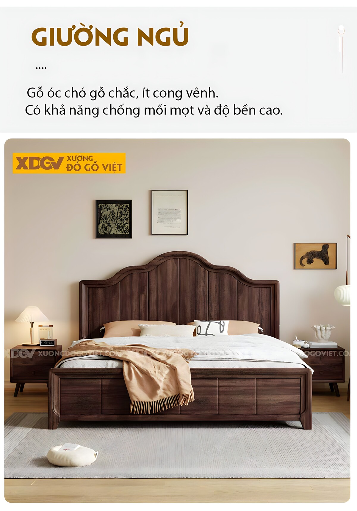 Giường Ngủ Gỗ Óc Chó Chỉ Dọc Phân Tầng Đầu Gợn Sóng