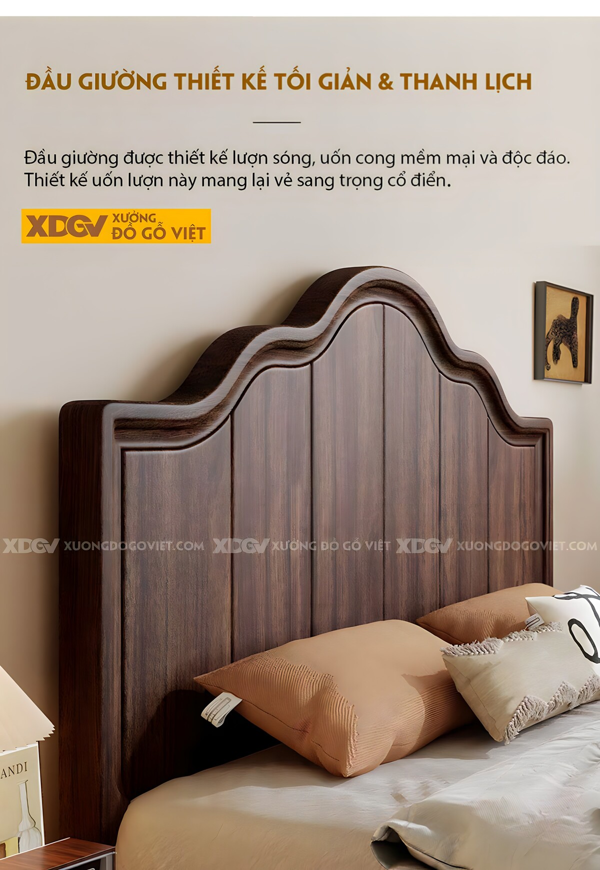 Giường Ngủ Gỗ Óc Chó Chỉ Dọc Phân Tầng Đầu Gợn Sóng