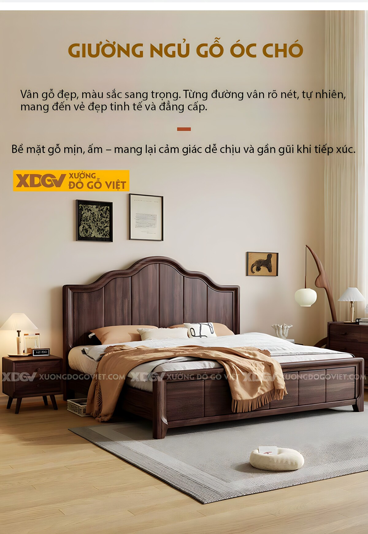 Giường Ngủ Gỗ Óc Chó Chỉ Dọc Phân Tầng Đầu Gợn Sóng