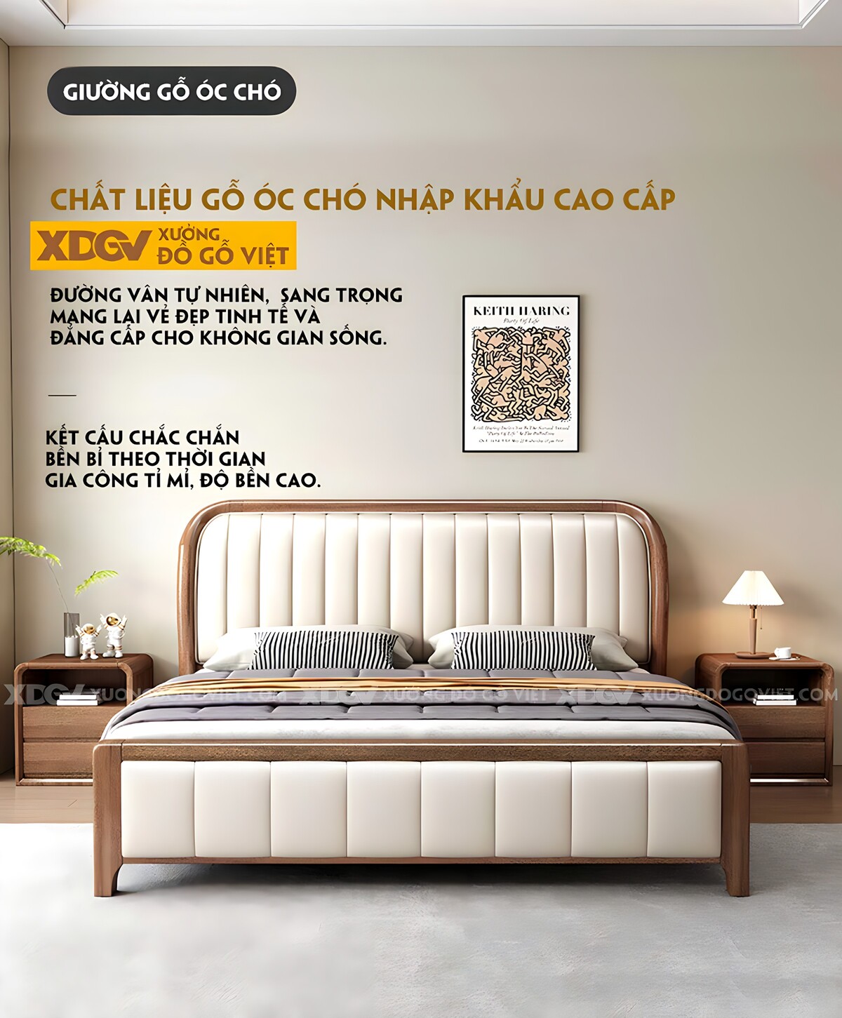 Giường Ngủ Gỗ Óc Chó Cổ Điển Đầu Đuôi Bọc Nệm Múi Dọc Trắng