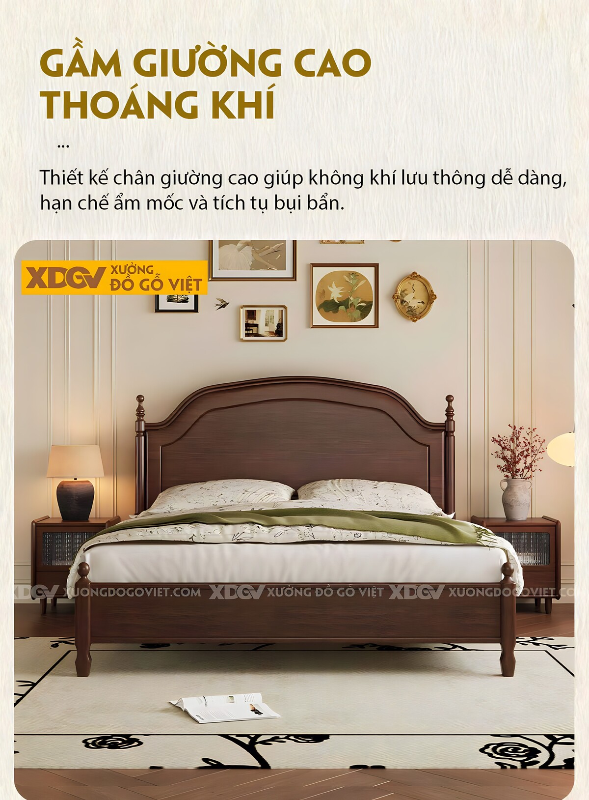 Giường Ngủ Gỗ Óc Chó Cổ Điển Đầu Sóng Mây Trụ Tiện Trang Trí