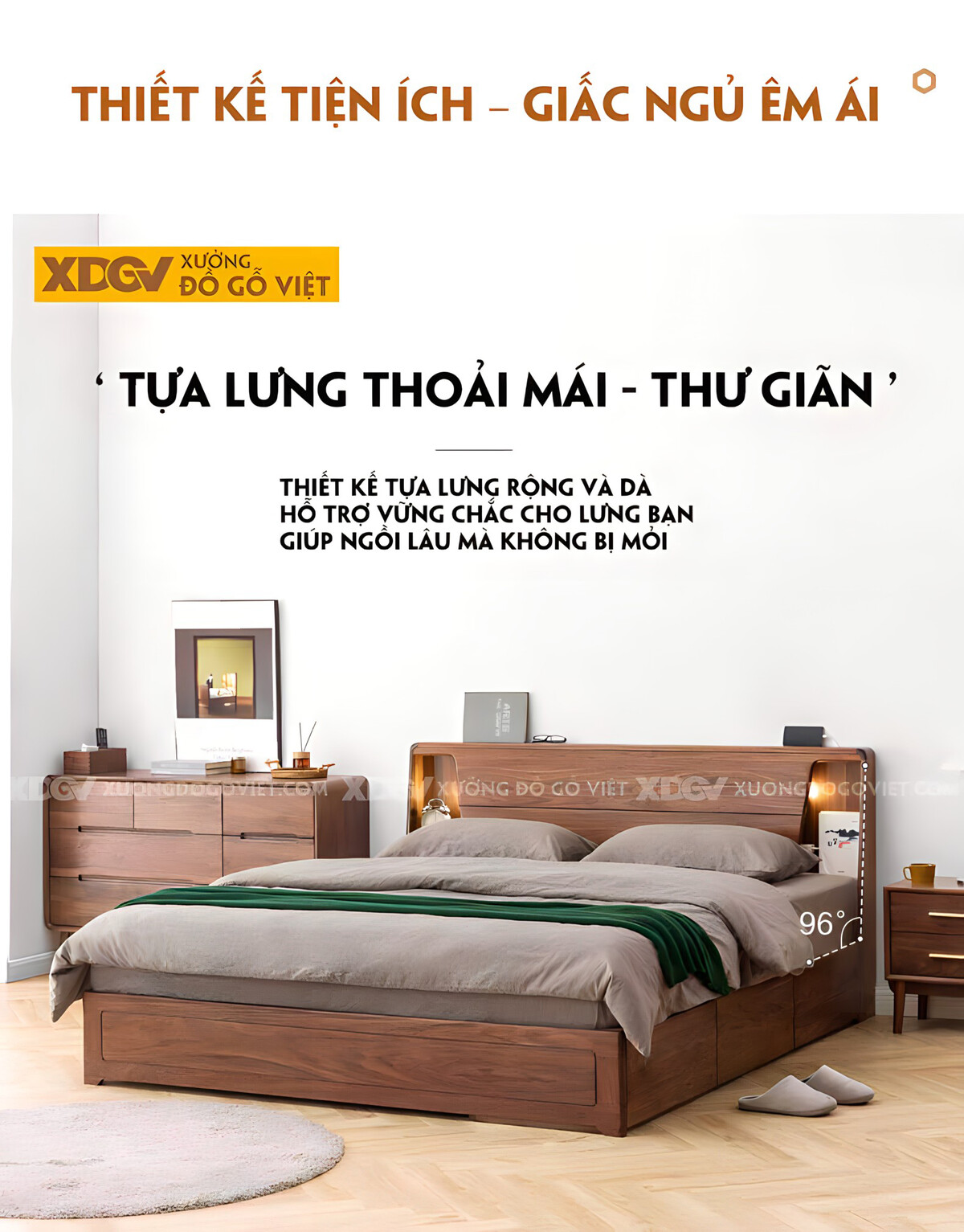 Giường Ngủ Gỗ Óc Chó Dạng Hộp Vai Ngăn Kéo Đầu Tích Hợp Kệ