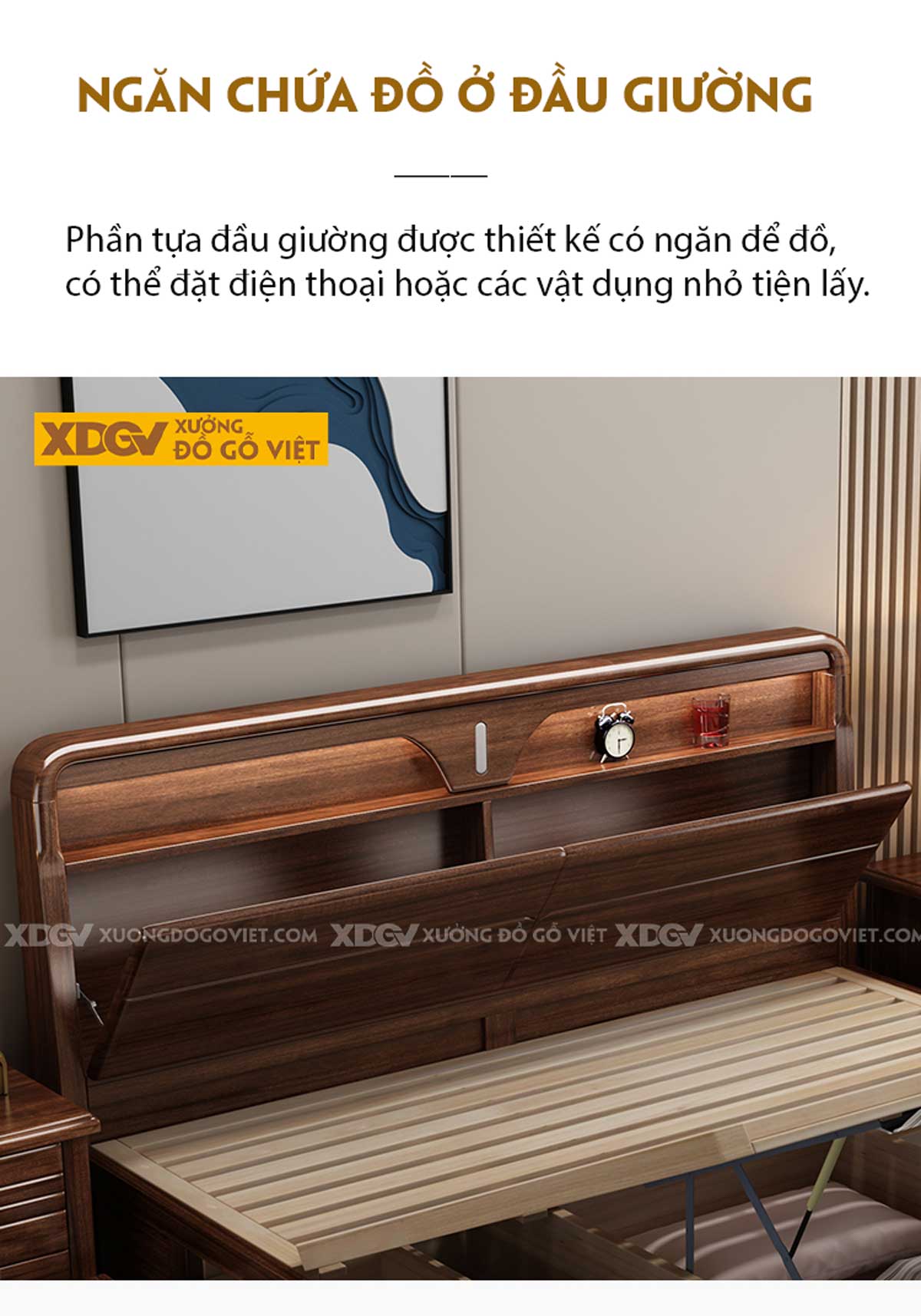 Giường Ngủ Gỗ Óc Chó Đầu Bo Góc Kệ Đồ 2 Ngăn Trong Ngoài