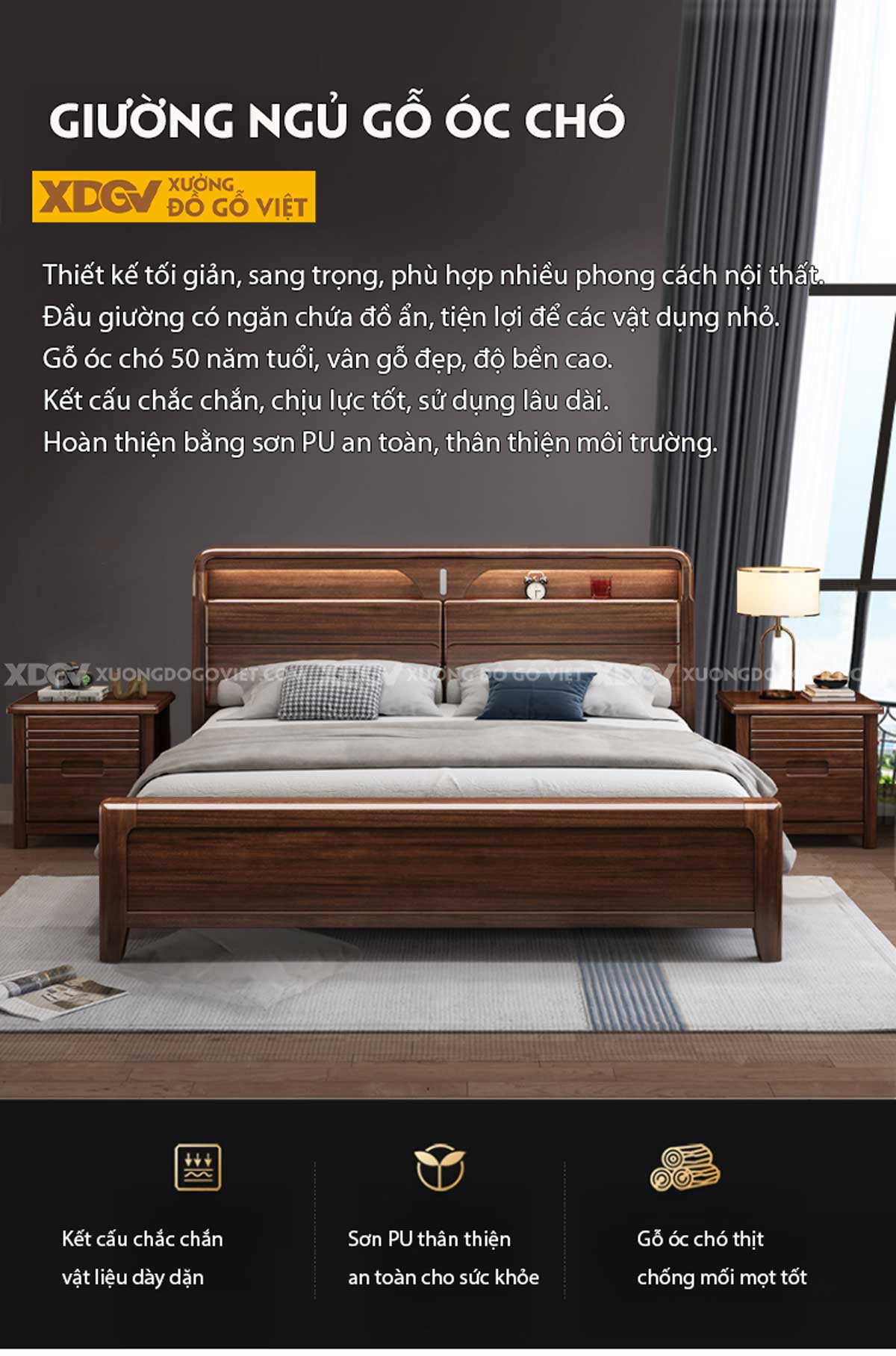 Giường Ngủ Gỗ Óc Chó Đầu Bo Góc Kệ Đồ 2 Ngăn Trong Ngoài