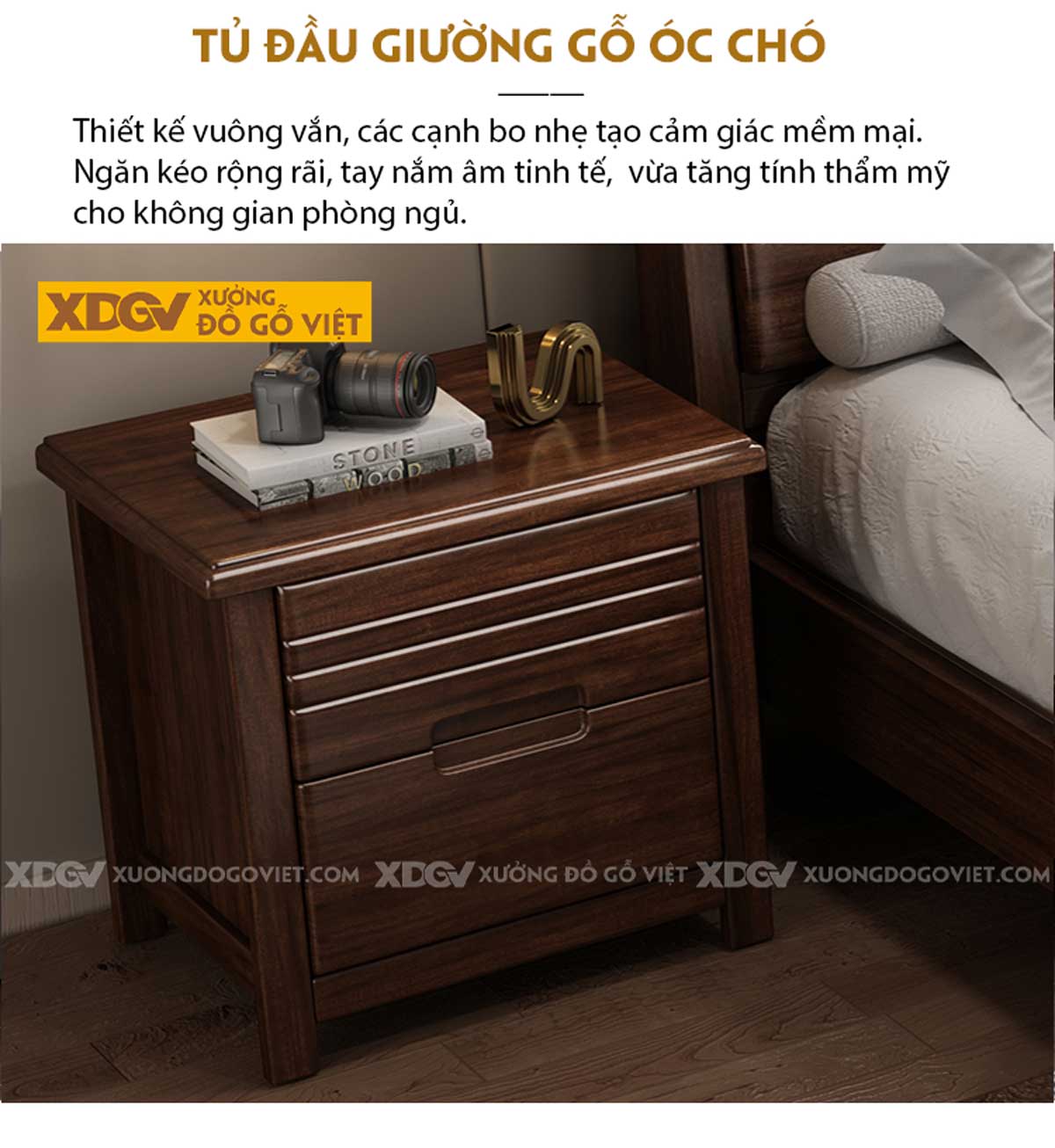 Giường Ngủ Gỗ Óc Chó Đầu Bo Góc Kệ Đồ 2 Ngăn Trong Ngoài