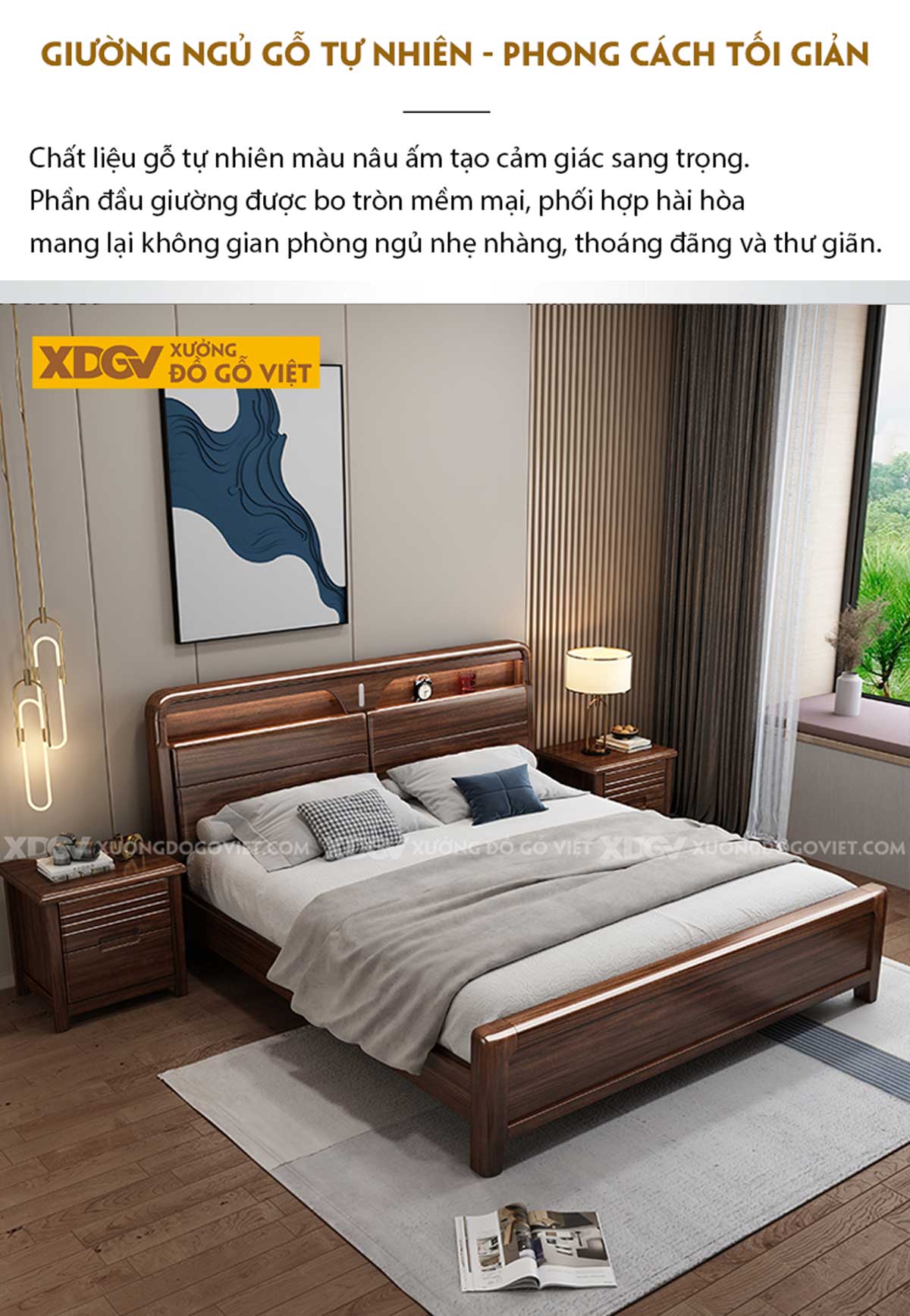 Giường Ngủ Gỗ Óc Chó Đầu Bo Góc Kệ Đồ 2 Ngăn Trong Ngoài