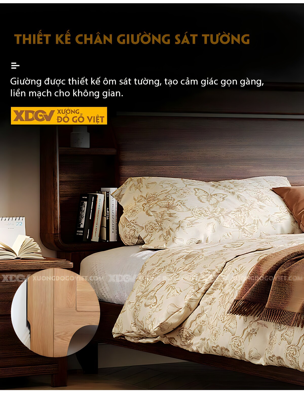 Giường Ngủ Gỗ Óc Chó Đầu Bo Góc Tích Hợp Kệ Đối Xứng 2 Tầng