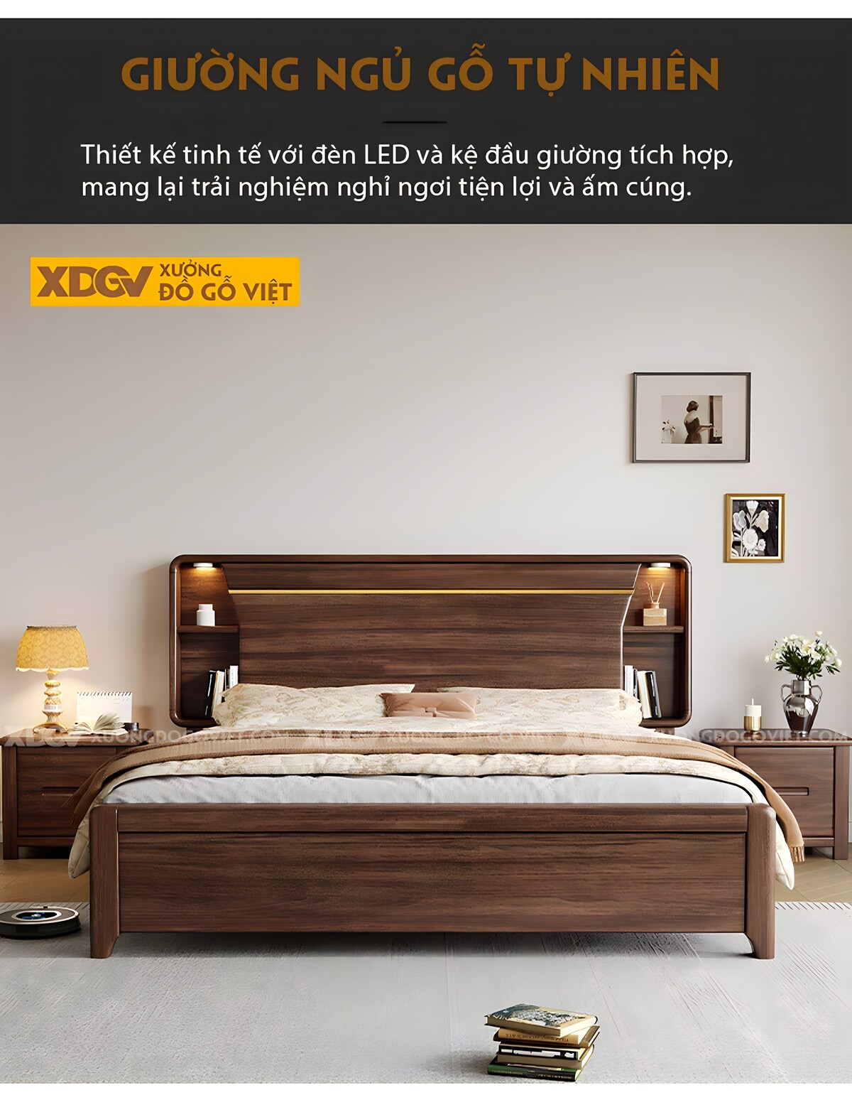 Giường Ngủ Gỗ Óc Chó Đầu Bo Góc Tích Hợp Kệ Đối Xứng 2 Tầng