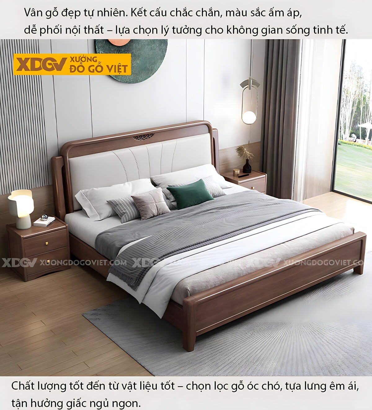 Giường Ngủ Gỗ Óc Chó Đầu Bo Tròn Bọc Đệm Chạm Họa Tiết Giữa