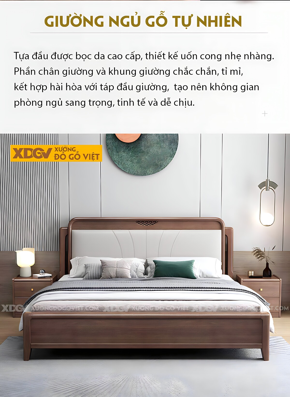 Giường Ngủ Gỗ Óc Chó Đầu Bo Tròn Bọc Đệm Chạm Họa Tiết Giữa