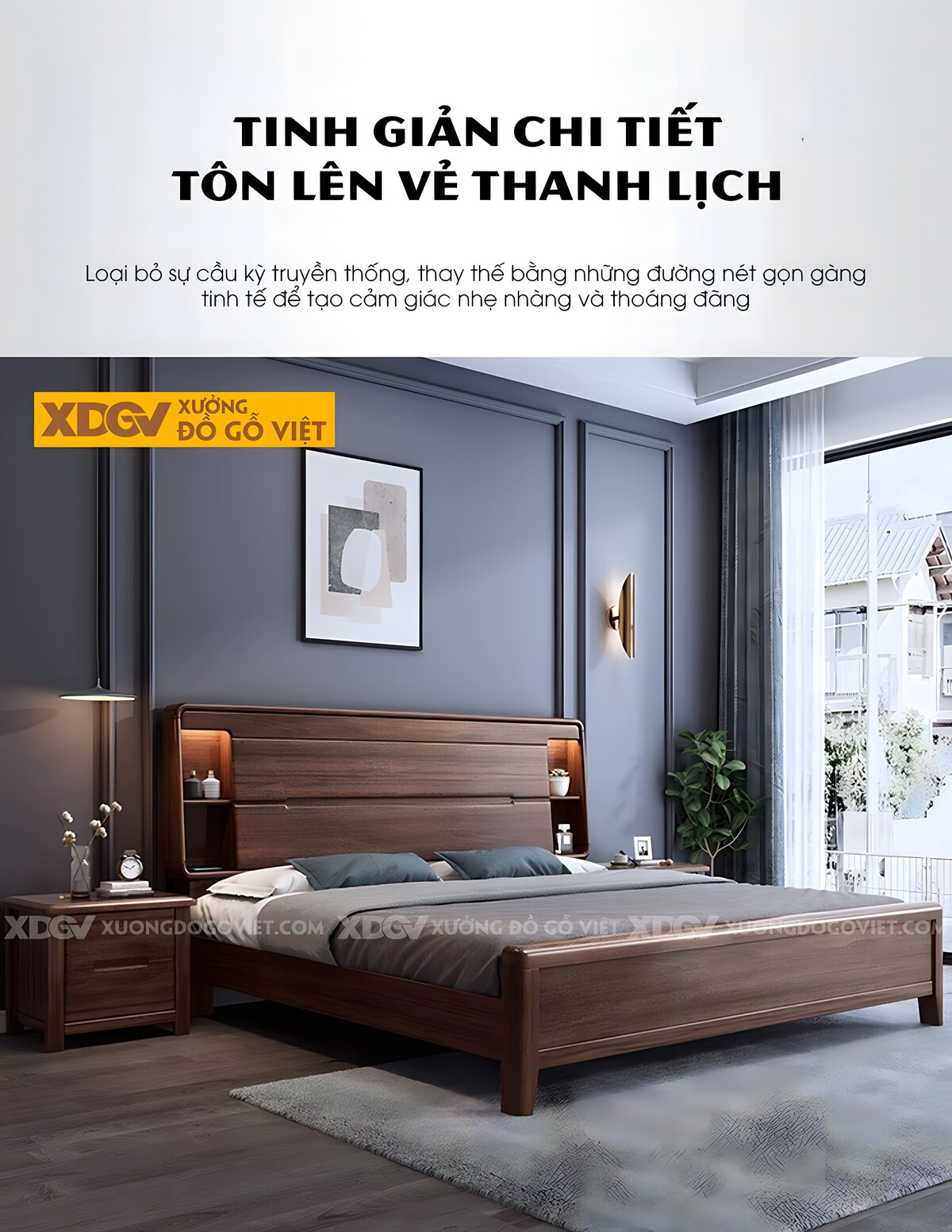 Giường Ngủ Gỗ Óc Chó Đầu Bo Tròn Kệ Đối Xứng 2 Tầng Có Đèn