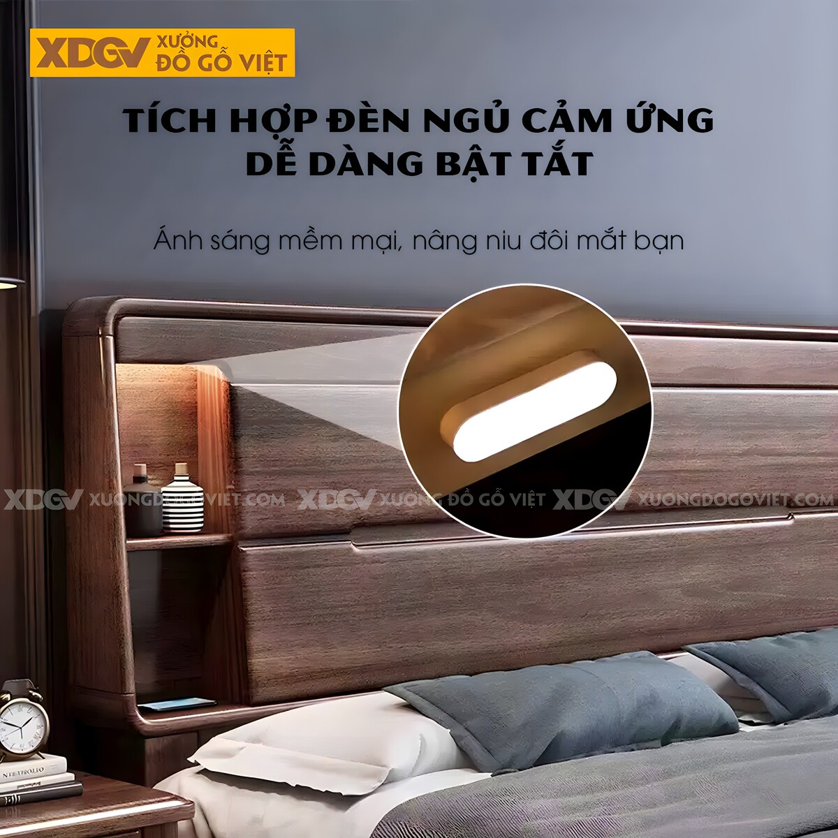 Giường Ngủ Gỗ Óc Chó Đầu Bo Tròn Kệ Đối Xứng 2 Tầng Có Đèn