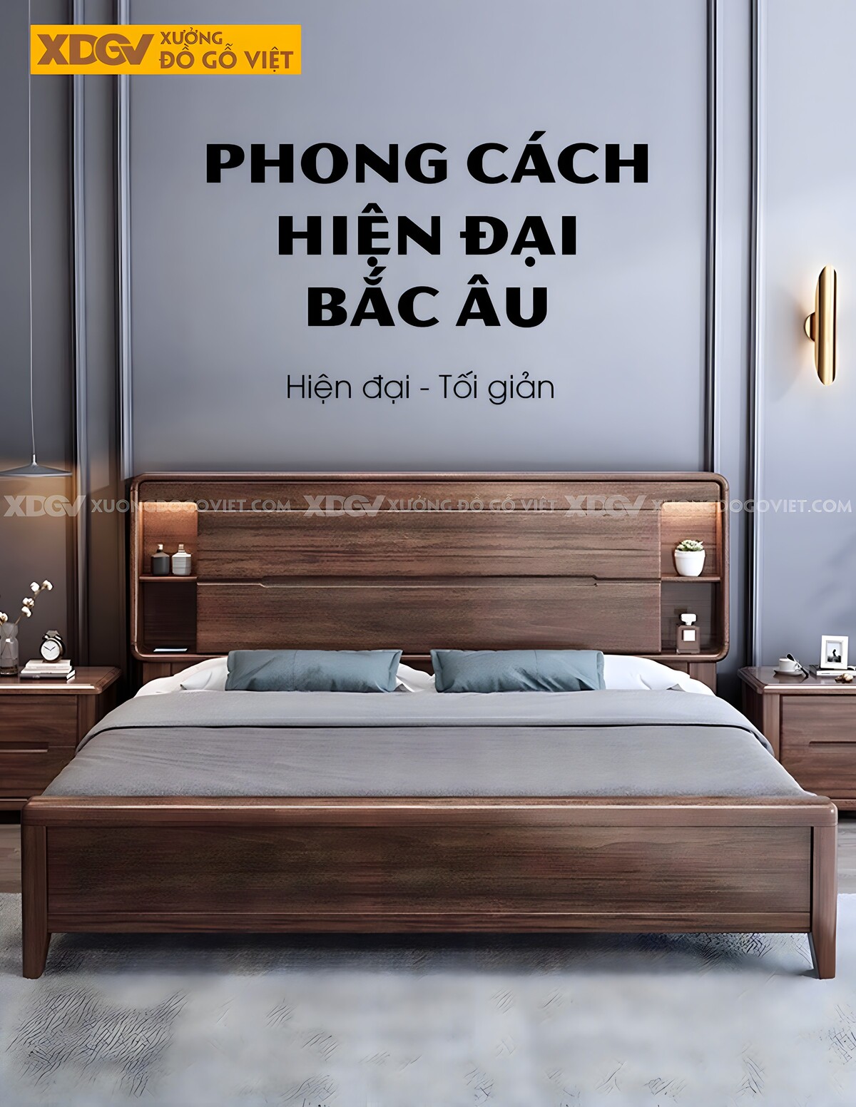 Giường Ngủ Gỗ Óc Chó Đầu Bo Tròn Kệ Đối Xứng 2 Tầng Có Đèn