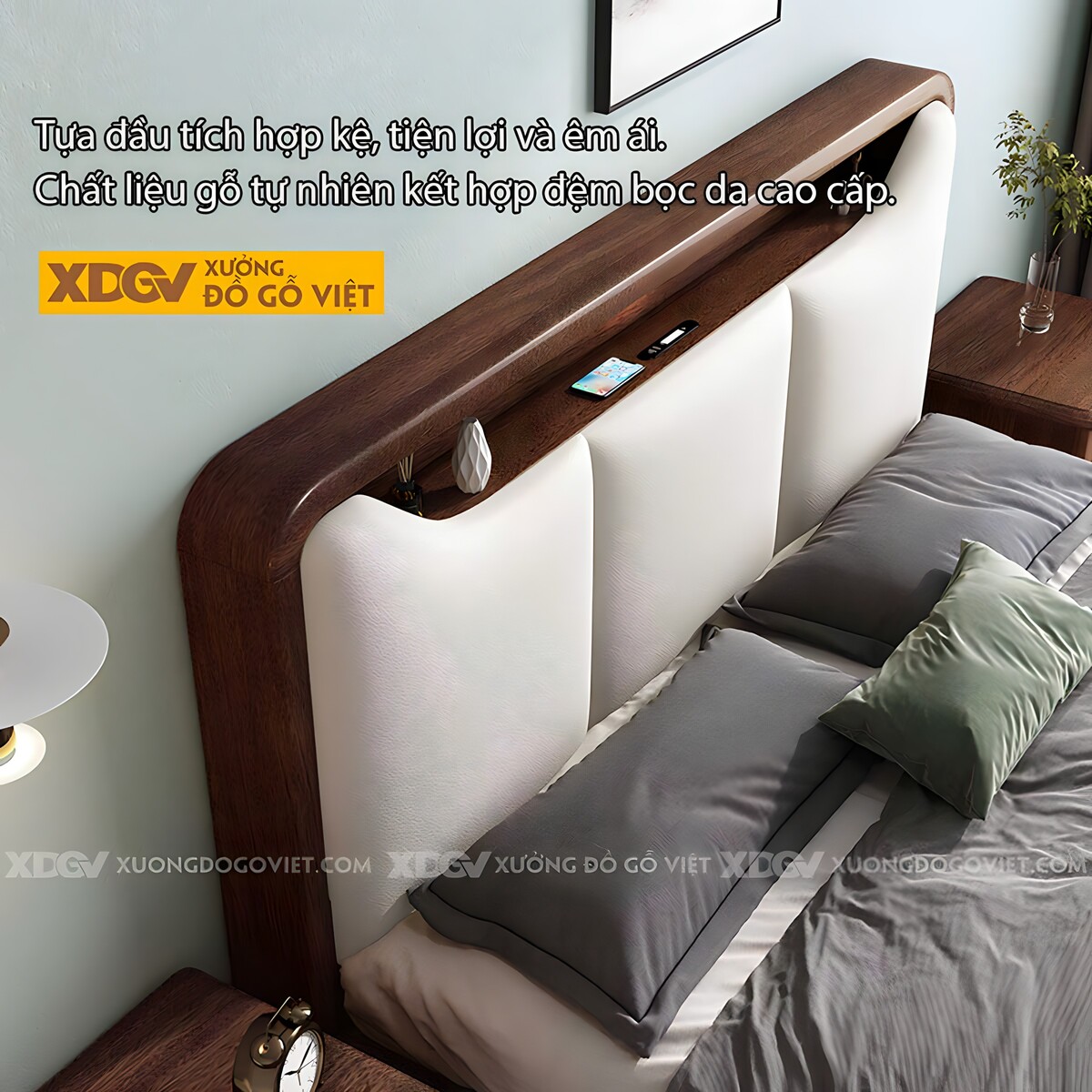 Giường Ngủ Gỗ Óc Chó Đầu Bọc Đệm 3 Ngăn Tai Mèo Tích Hợp Kệ