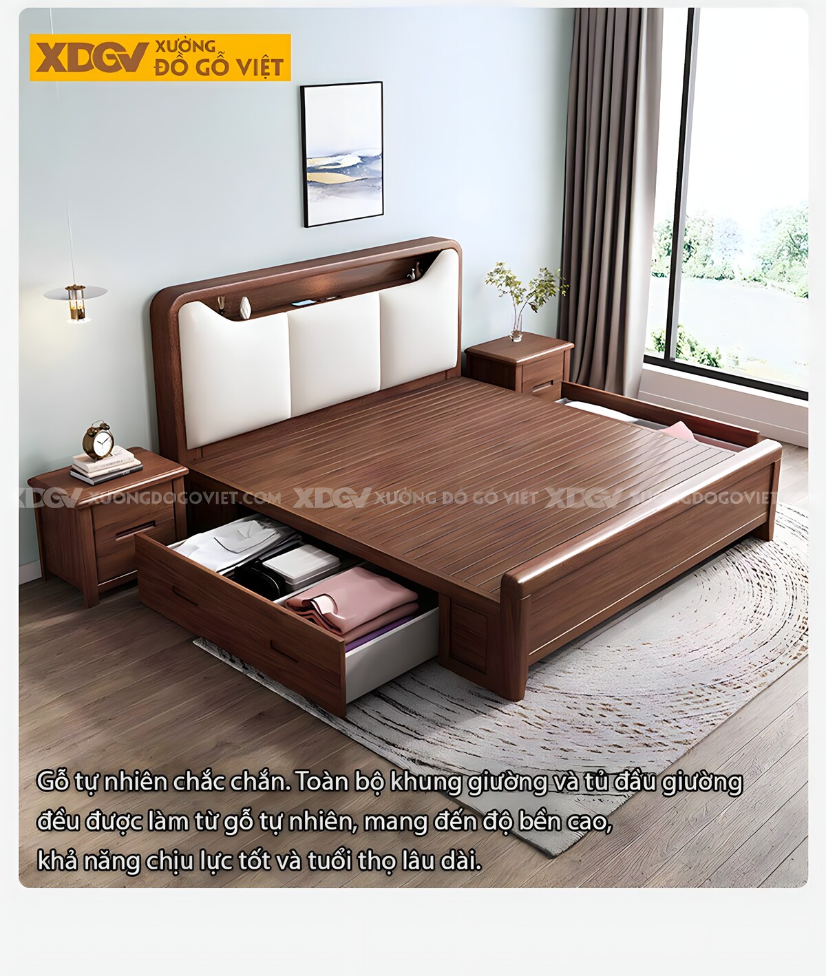 Giường Ngủ Gỗ Óc Chó Đầu Bọc Đệm 3 Ngăn Tai Mèo Tích Hợp Kệ