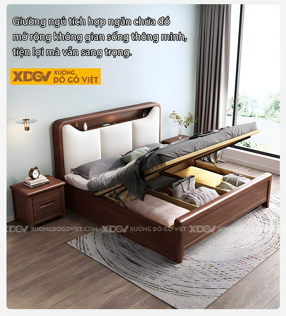 Giường Ngủ Gỗ Óc Chó Đầu Bọc Đệm 3 Ngăn Tai Mèo Tích Hợp Kệ