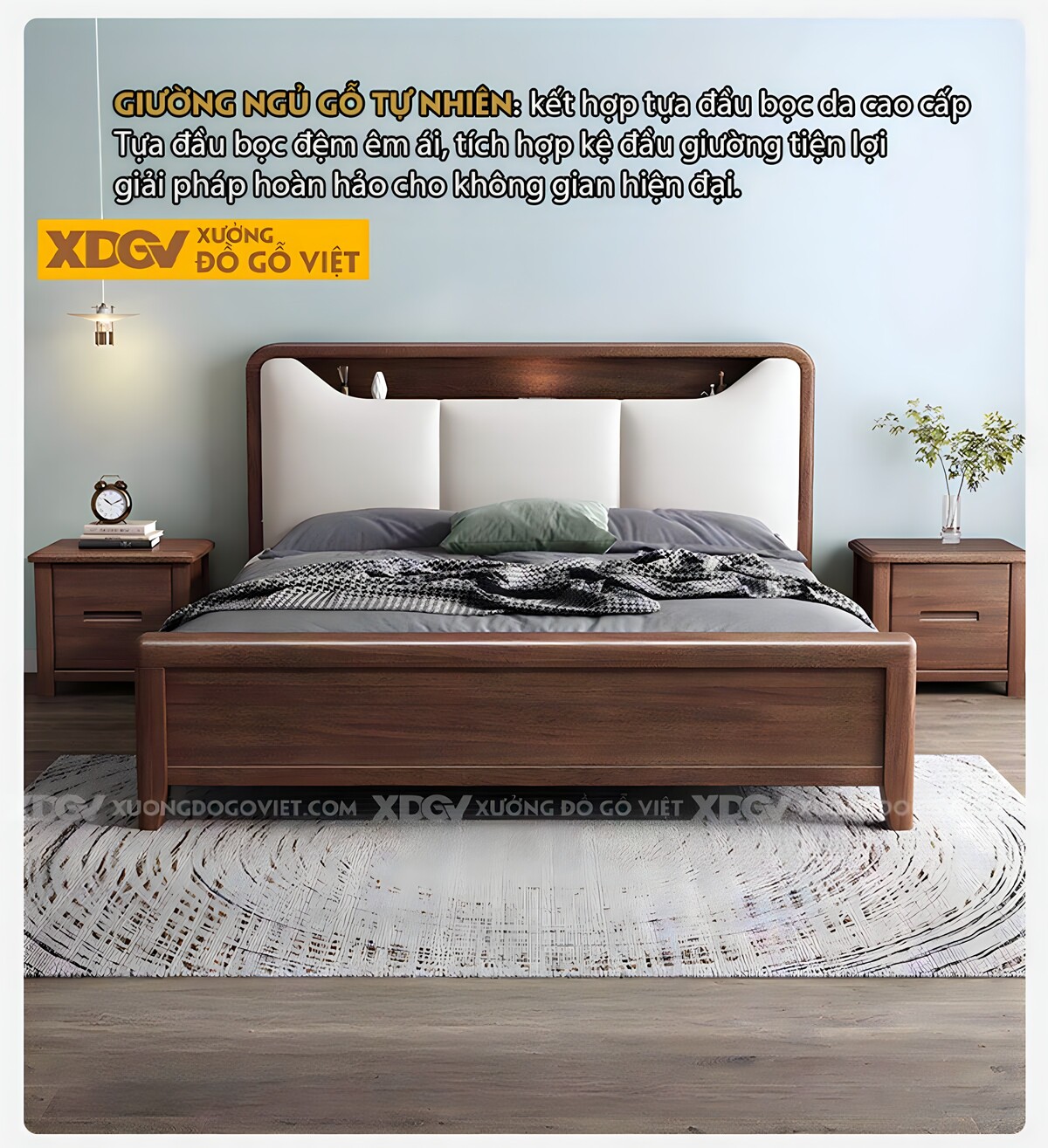 Giường Ngủ Gỗ Óc Chó Đầu Bọc Đệm 3 Ngăn Tai Mèo Tích Hợp Kệ