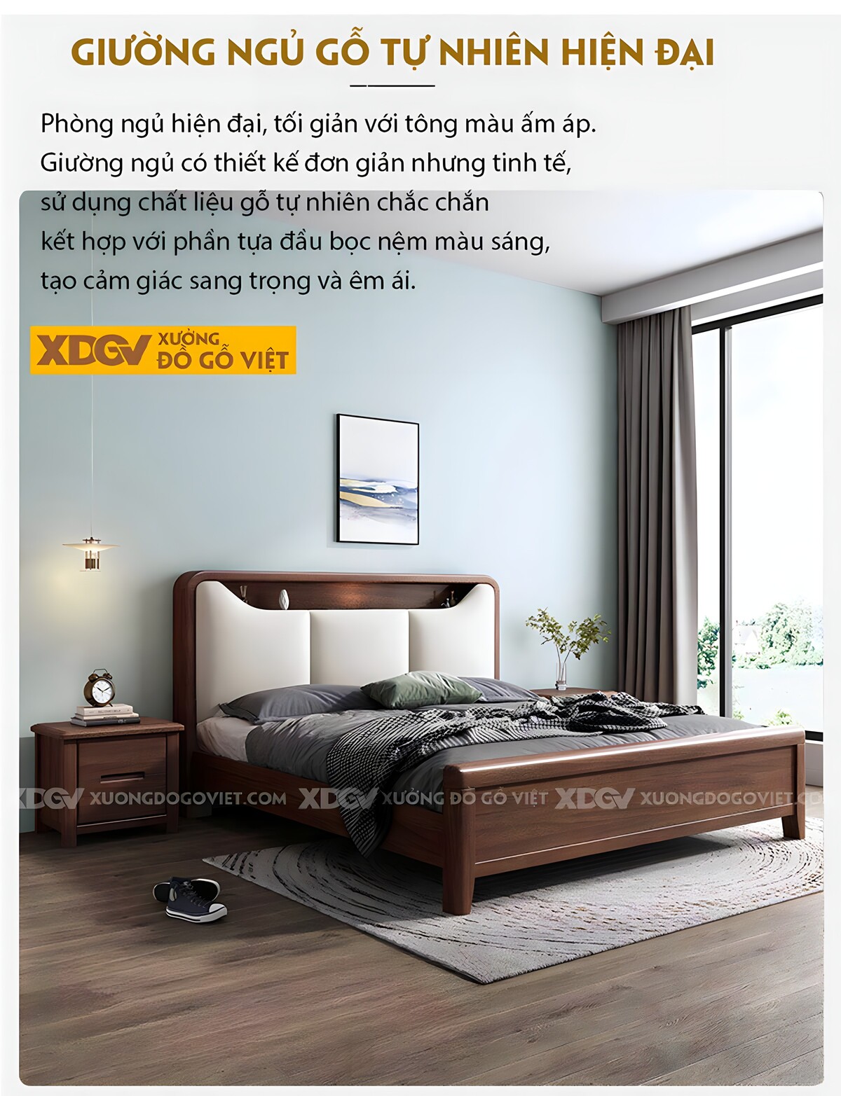 Giường Ngủ Gỗ Óc Chó Đầu Bọc Đệm 3 Ngăn Tai Mèo Tích Hợp Kệ